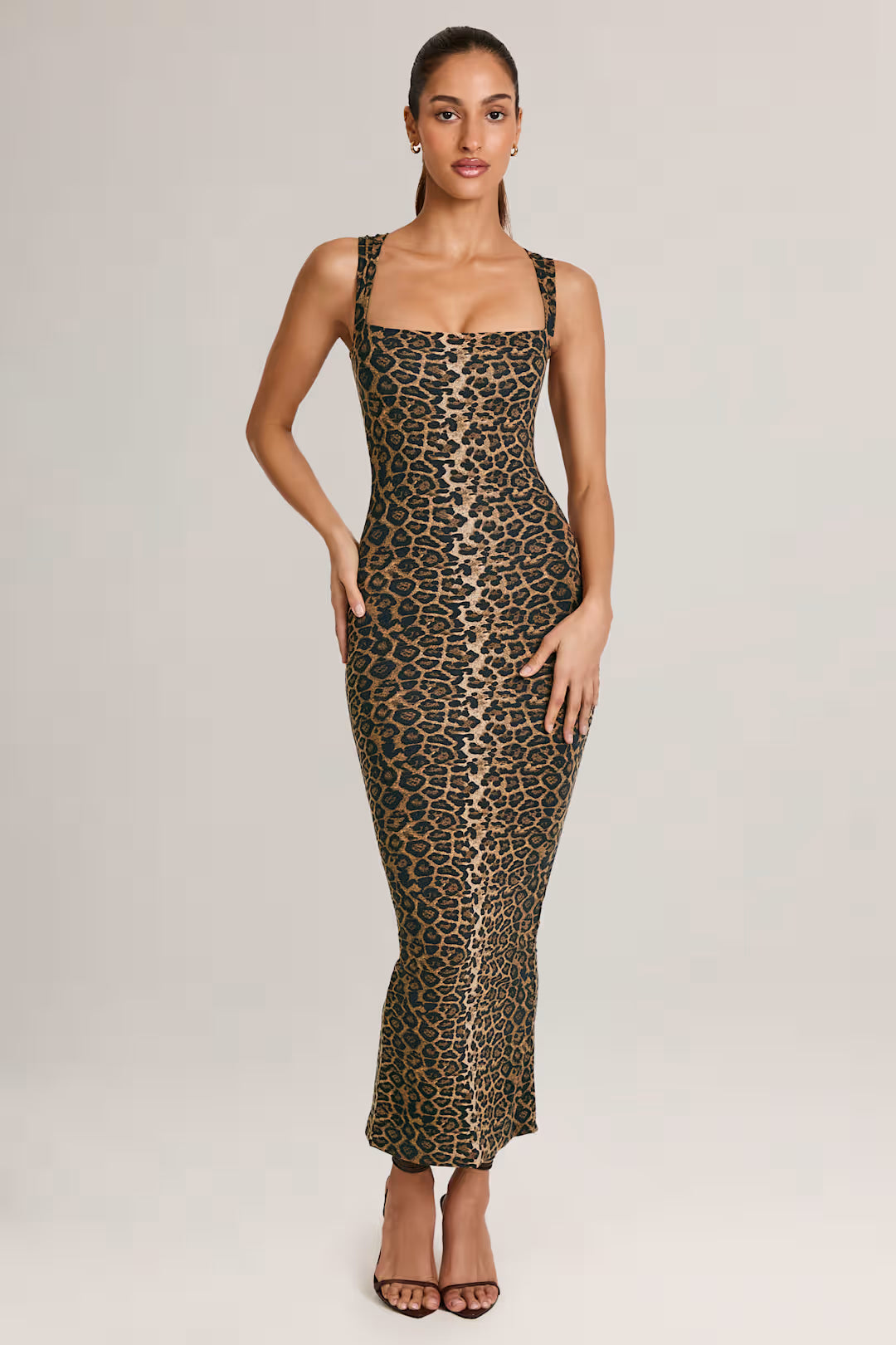 Solenne | Modal Square-Neck Midi Dress – Leopard Print