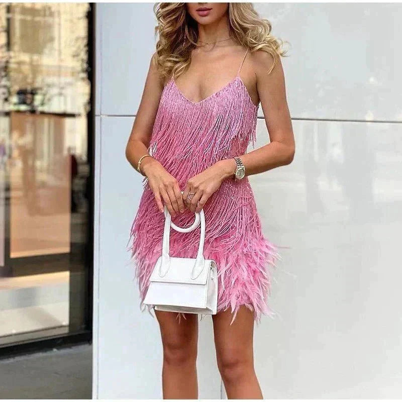 Elodie Sequin Feather Trim Mini Dress