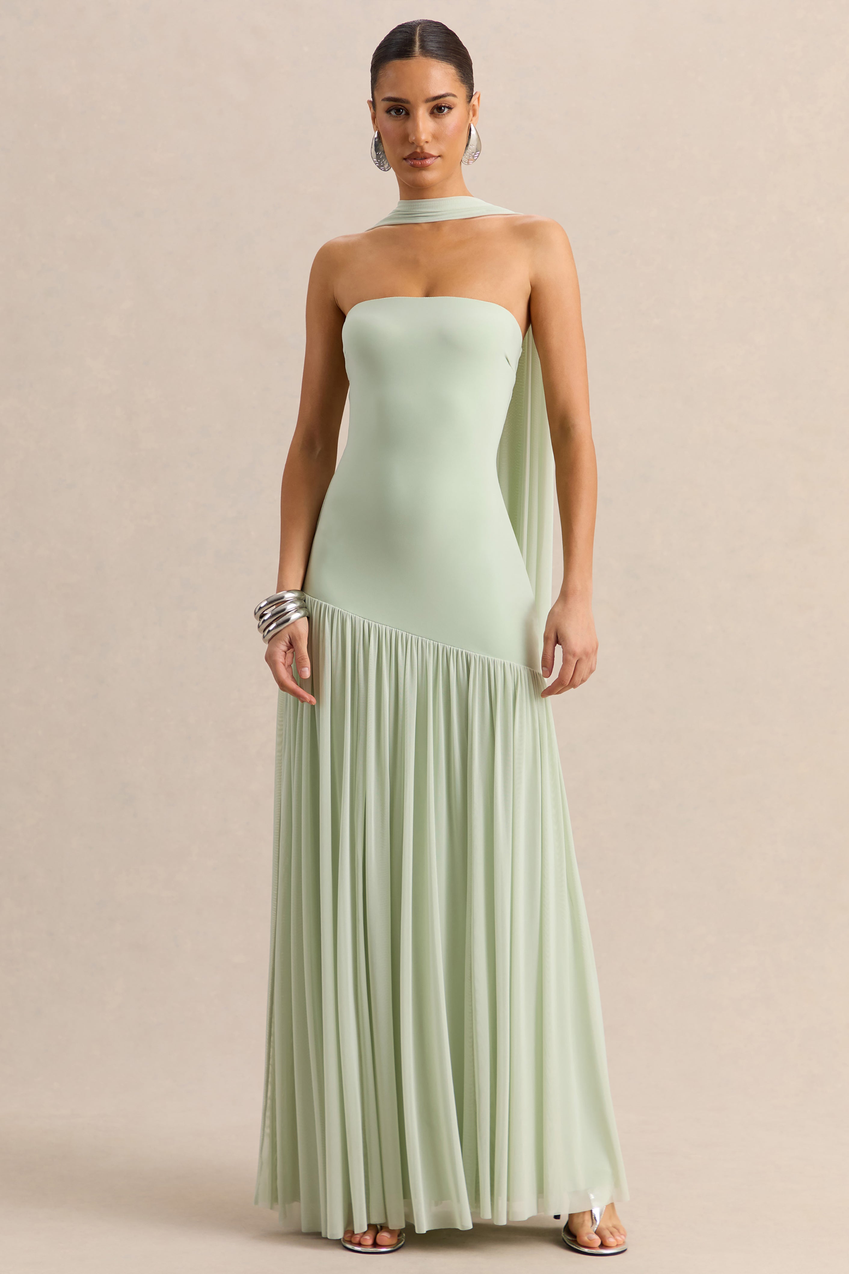 Bambi | Mintgroene Bandeau Maxi Jurk Met Sjaal Detail