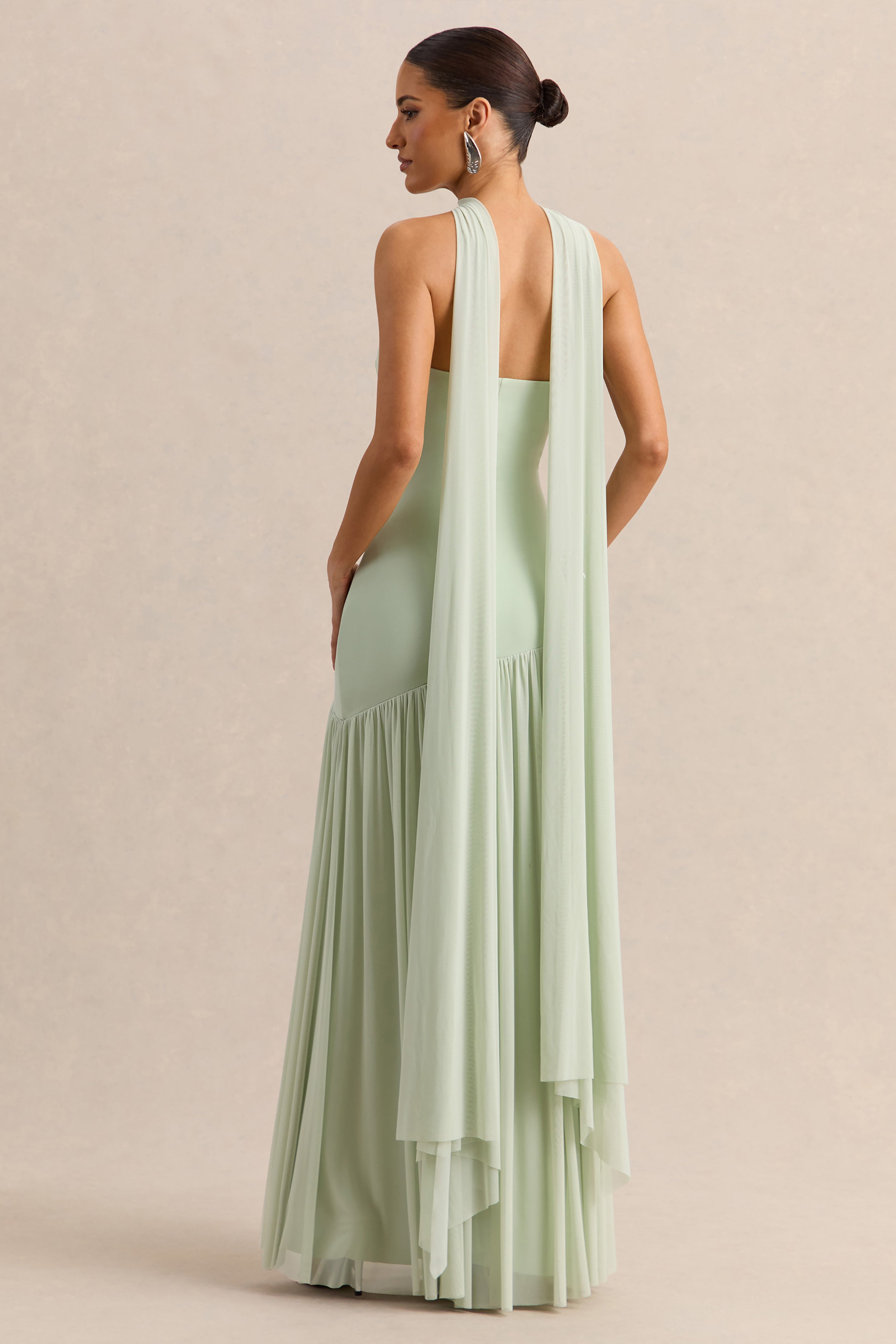 Bambi | Mintgroene Bandeau Maxi Jurk Met Sjaal Detail