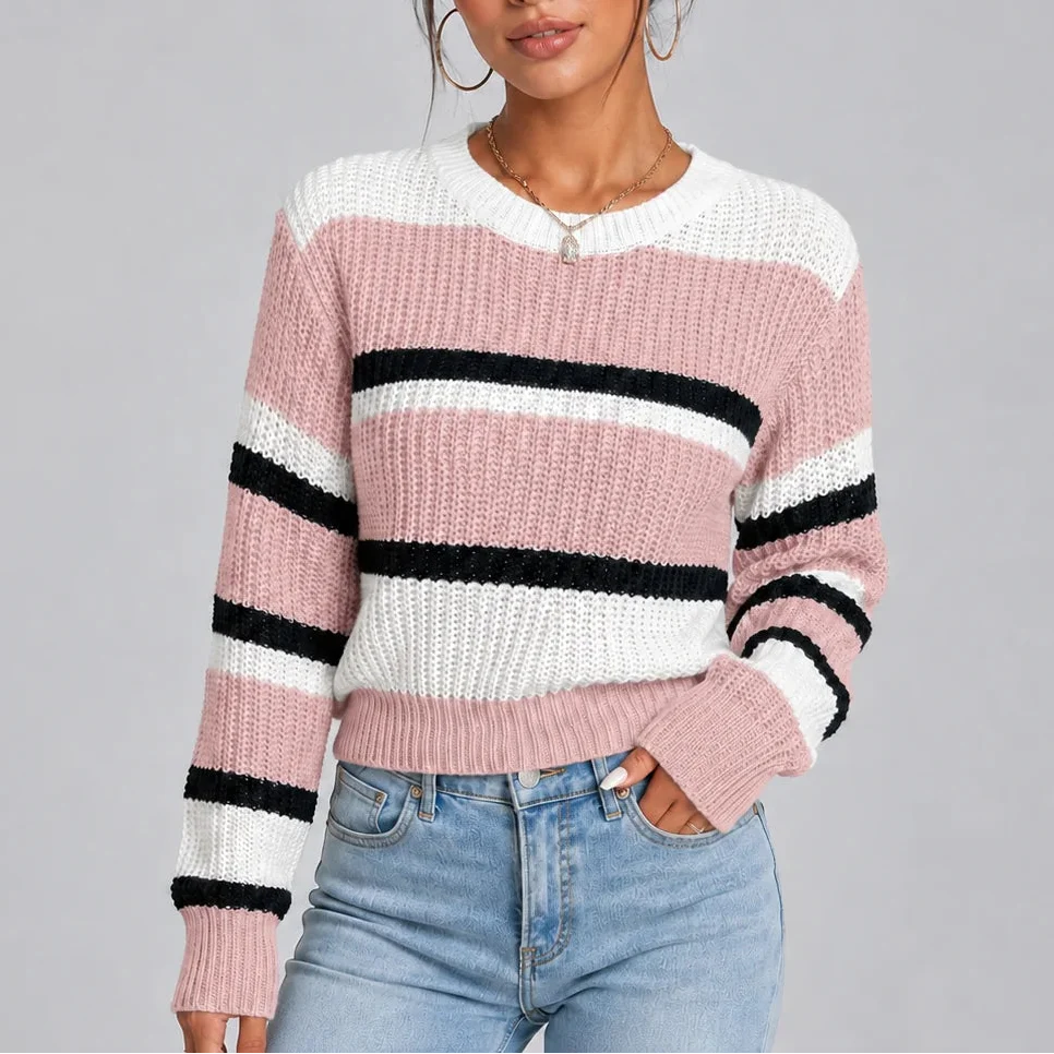 Women's Knit Sweater | Striped Crew Neck Jumper