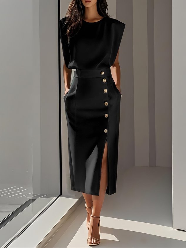 Carlena Button Detail Midi Dress