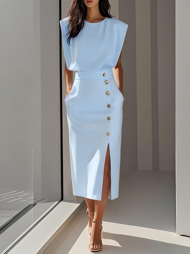 Carlena Button Detail Midi Dress