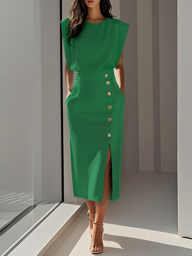 Carlena Button Detail Midi Dress