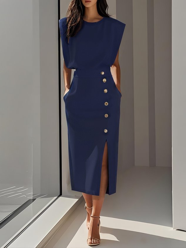 Carlena Button Detail Midi Dress