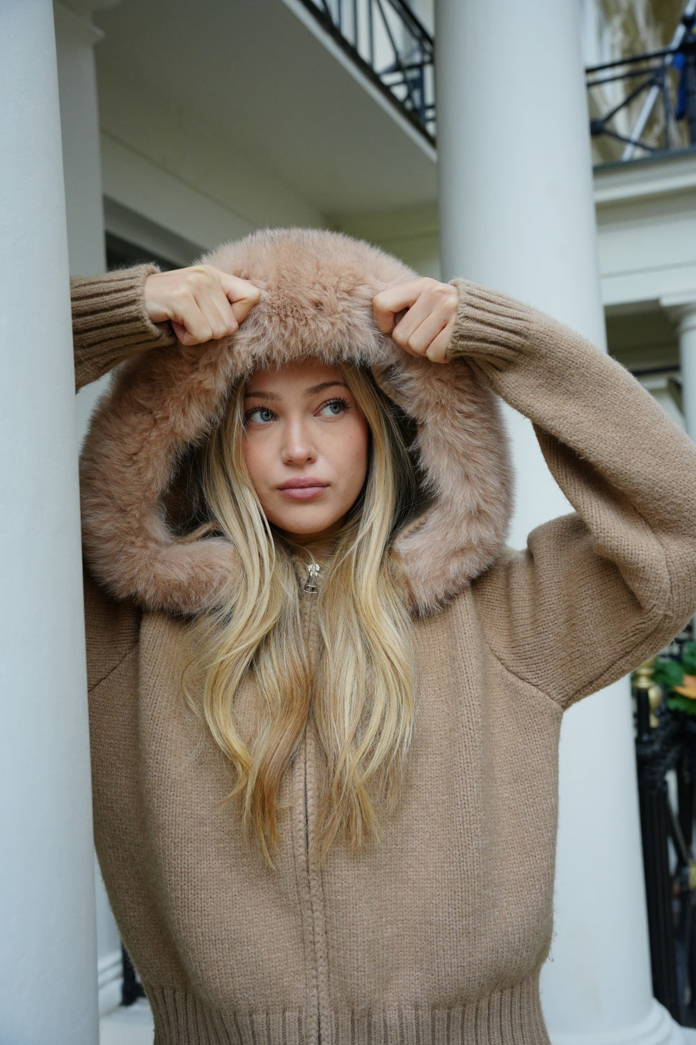 Aubri Faux Fur Hooded Knit Jacket