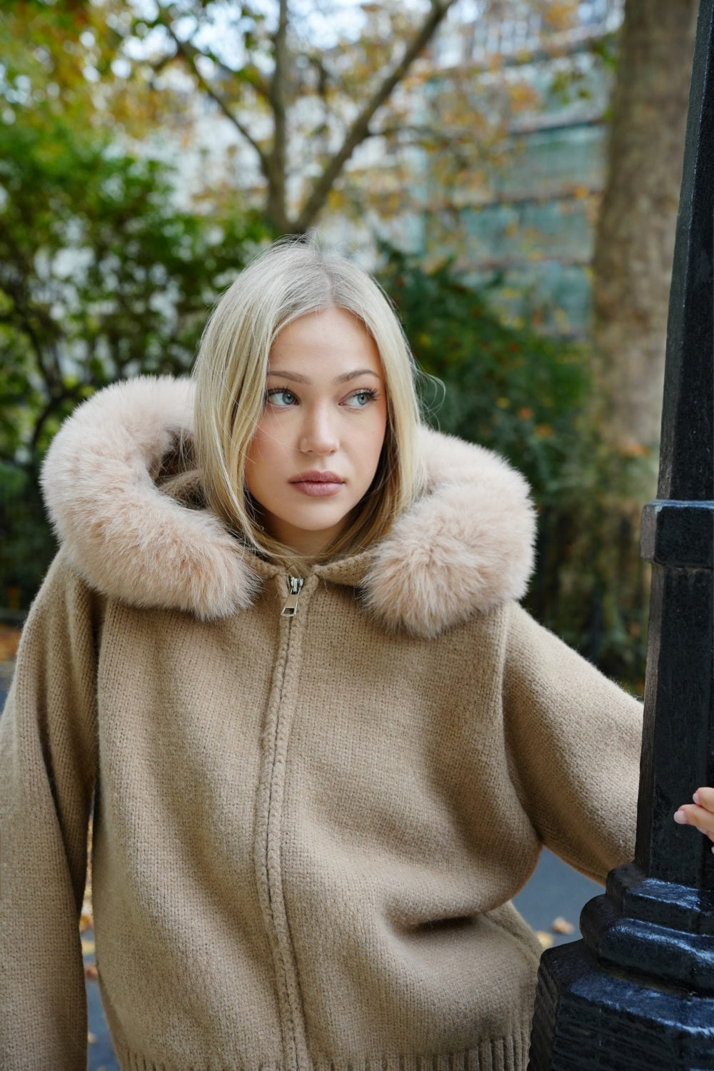 Aubri Faux Fur Hooded Knit Jacket