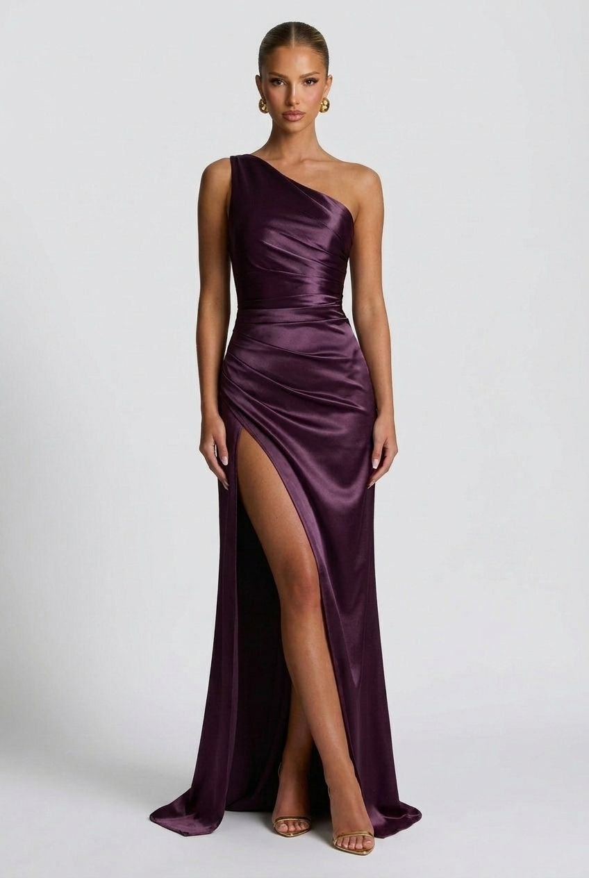 Satin Maxi Dress – Isabella One Shoulder Evening Gown