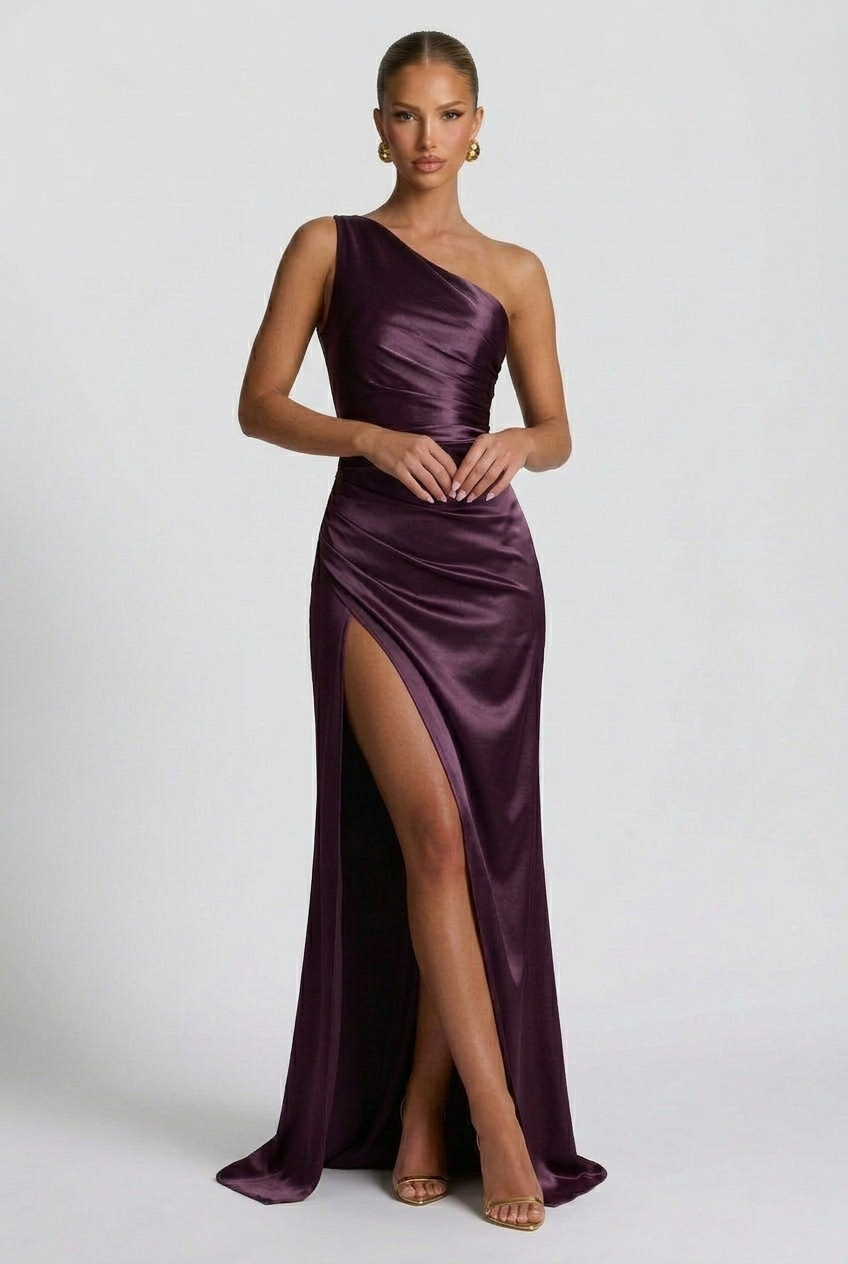 Satin Maxi Dress – Isabella One Shoulder Evening Gown
