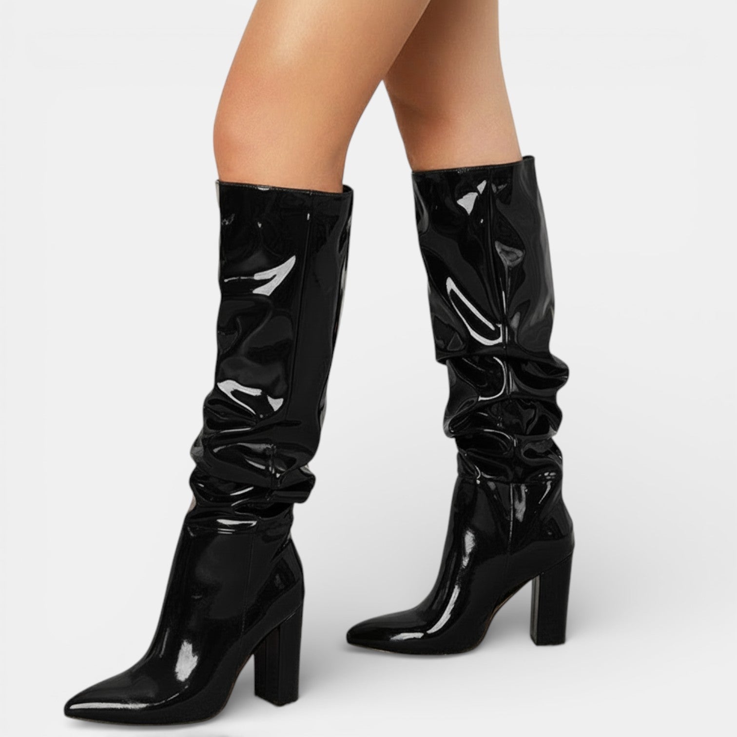 Leather Block Heel Pointed-Toe Boots