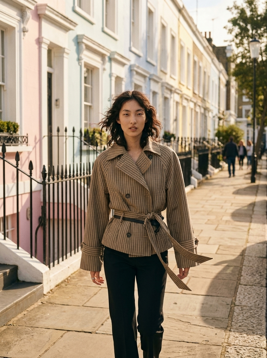 Celeste Checked Belted Trench Coat