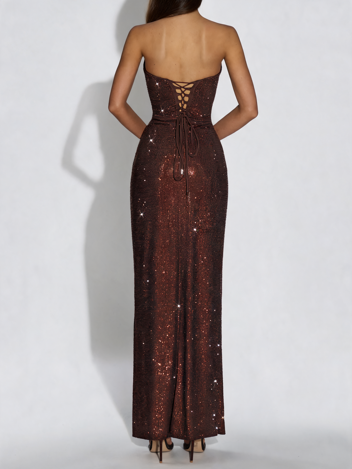 Plum brown party dress with lace-up back, back view