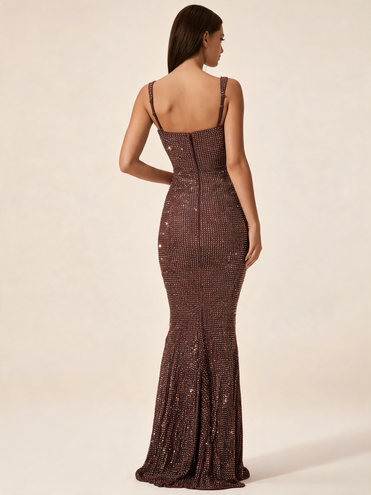 Plum brown party dress with fishtail hem, back view