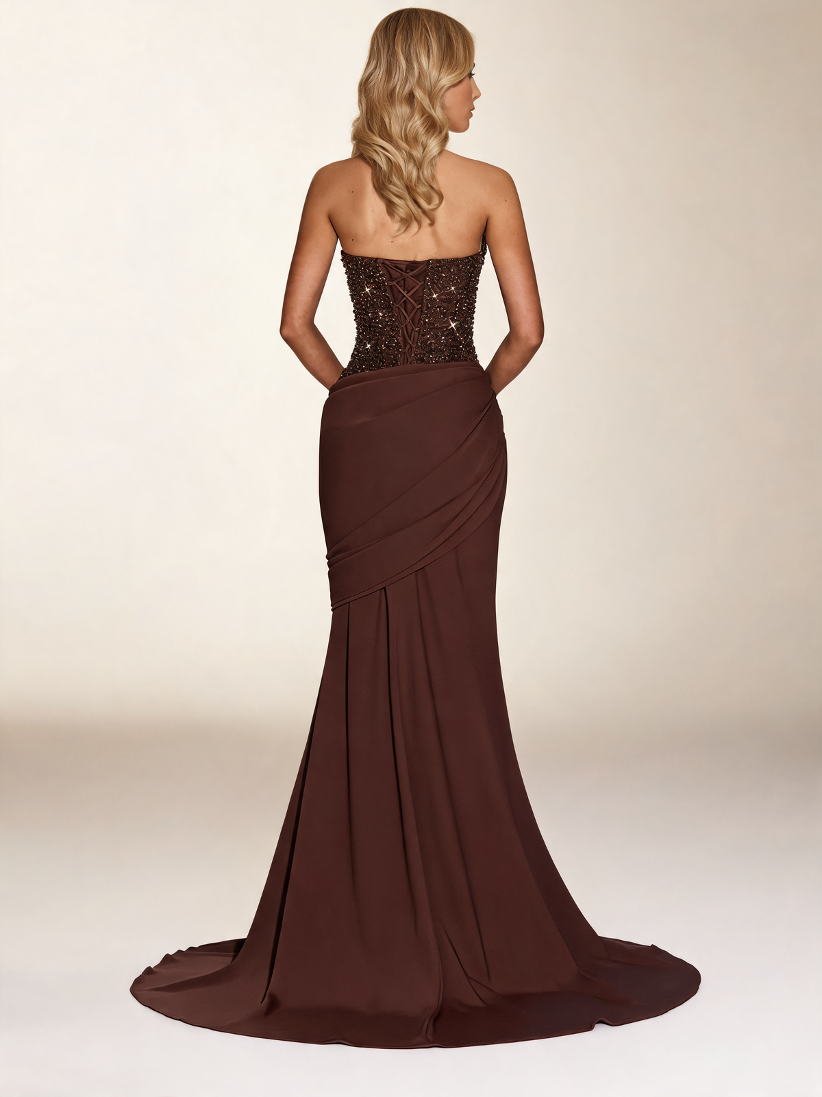 Plum brown halterneck party dress, back view