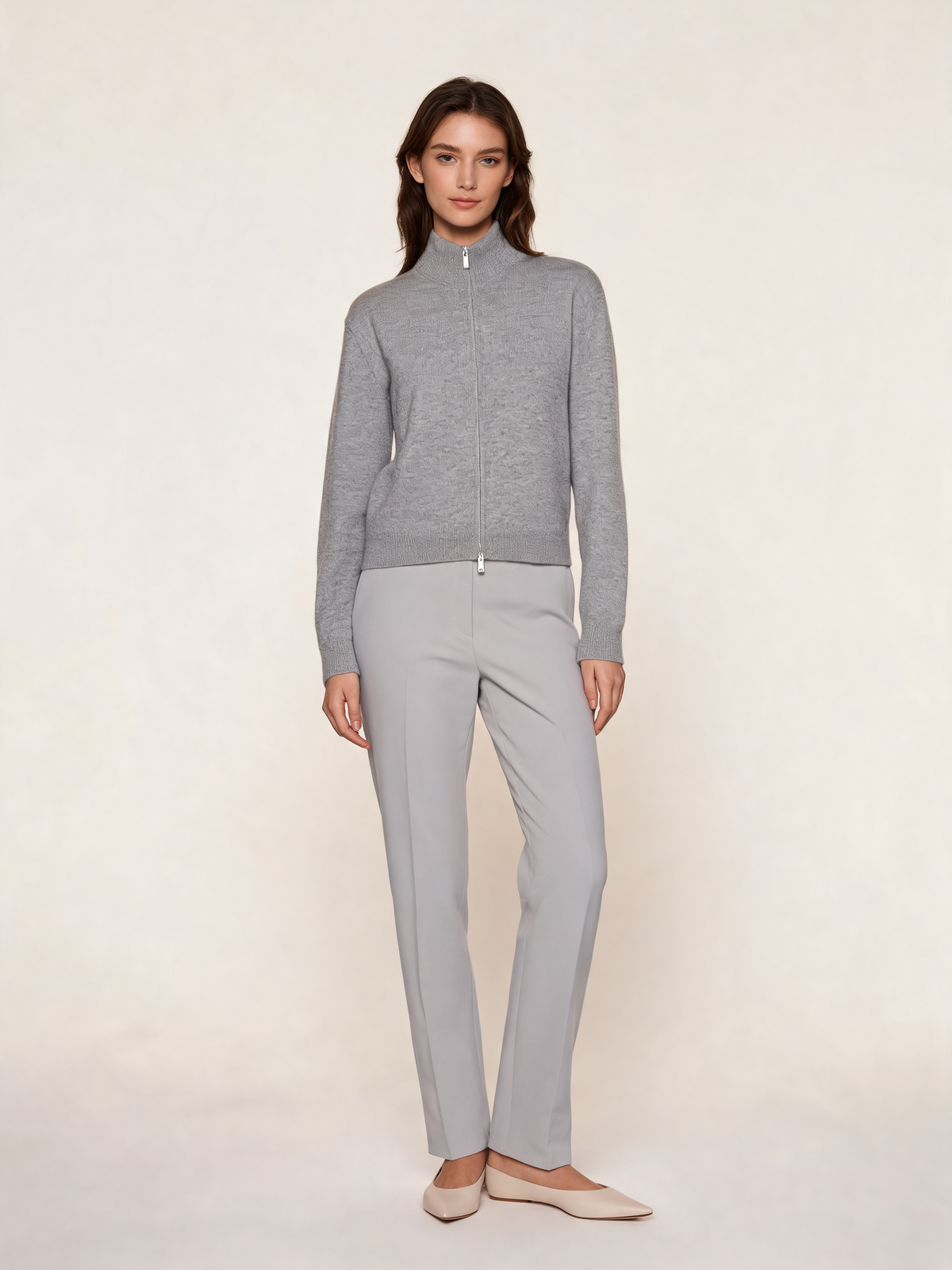 Grey zip-up cardigan, front view