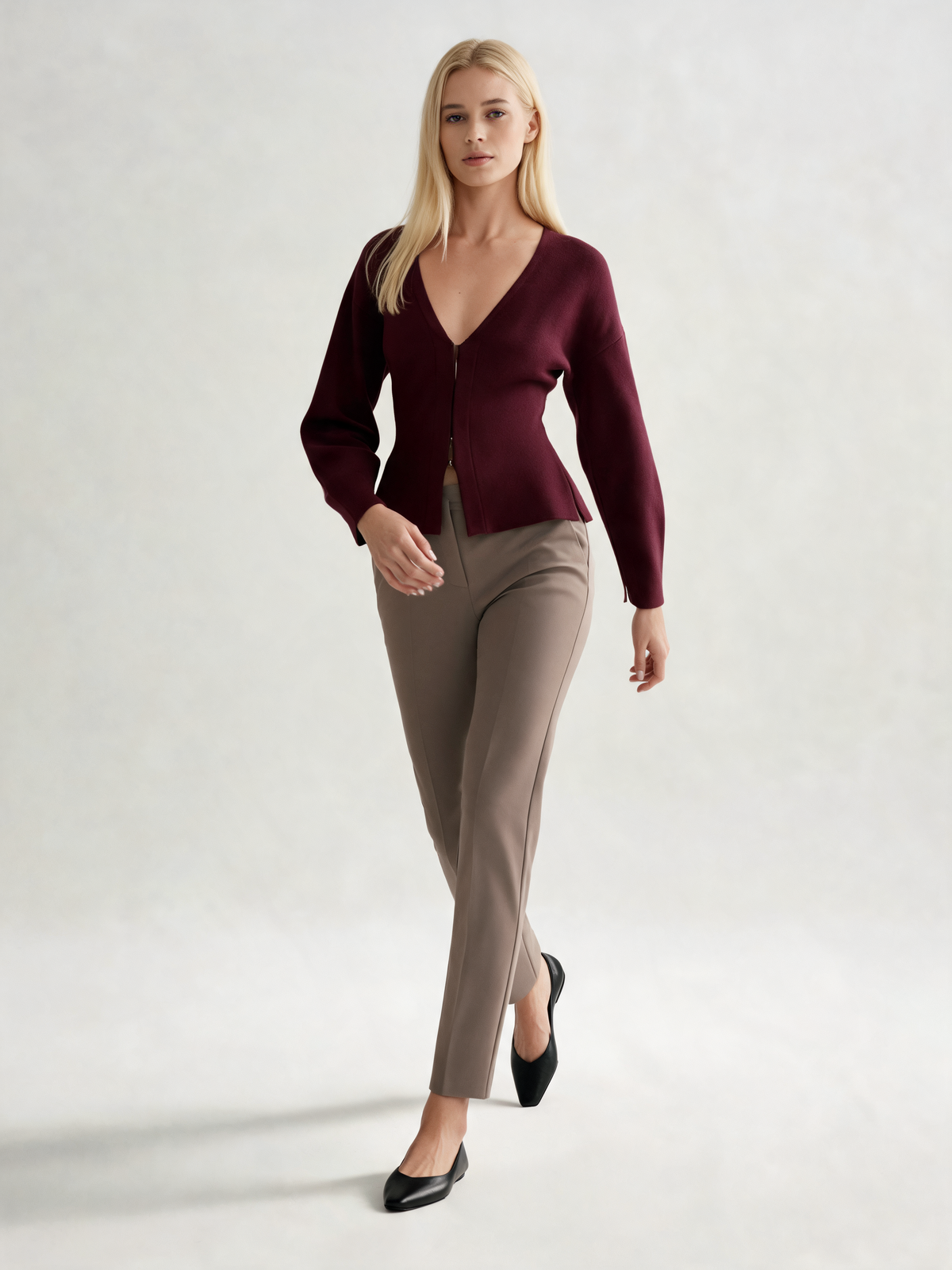 Burgundy fitted cardigan, walking view
