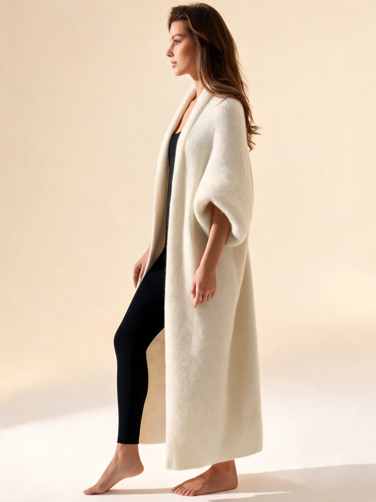 Cream long cardigan, side view
