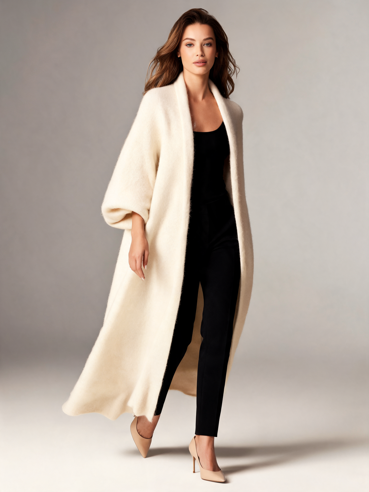 Cream long cardigan, walking view