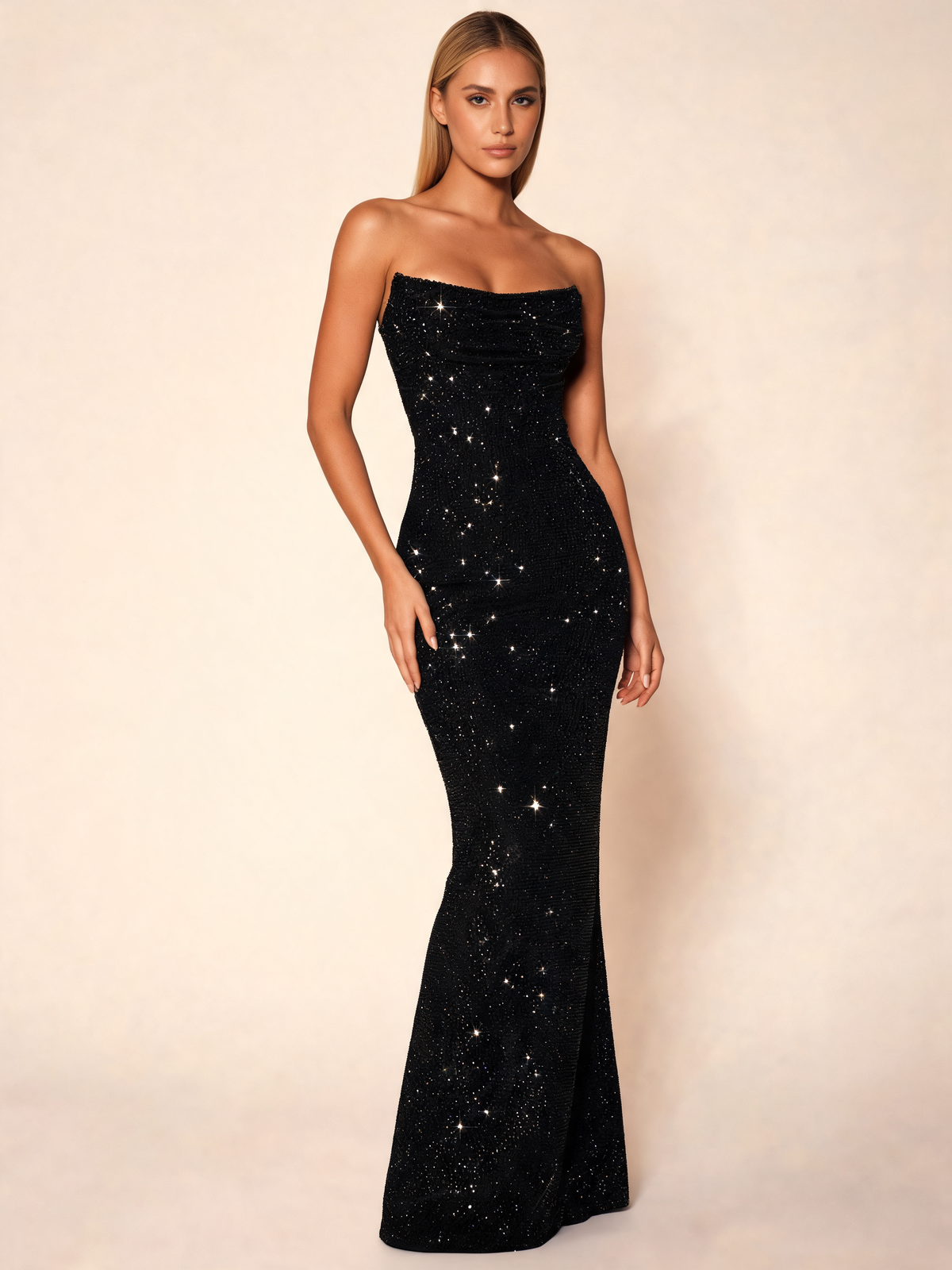 Black party dress three-quarter view