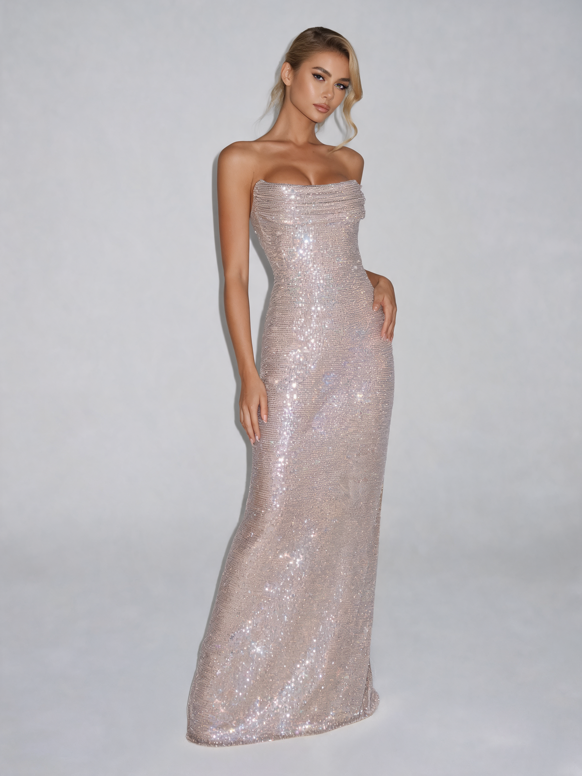 Nude party dress three-quarter view