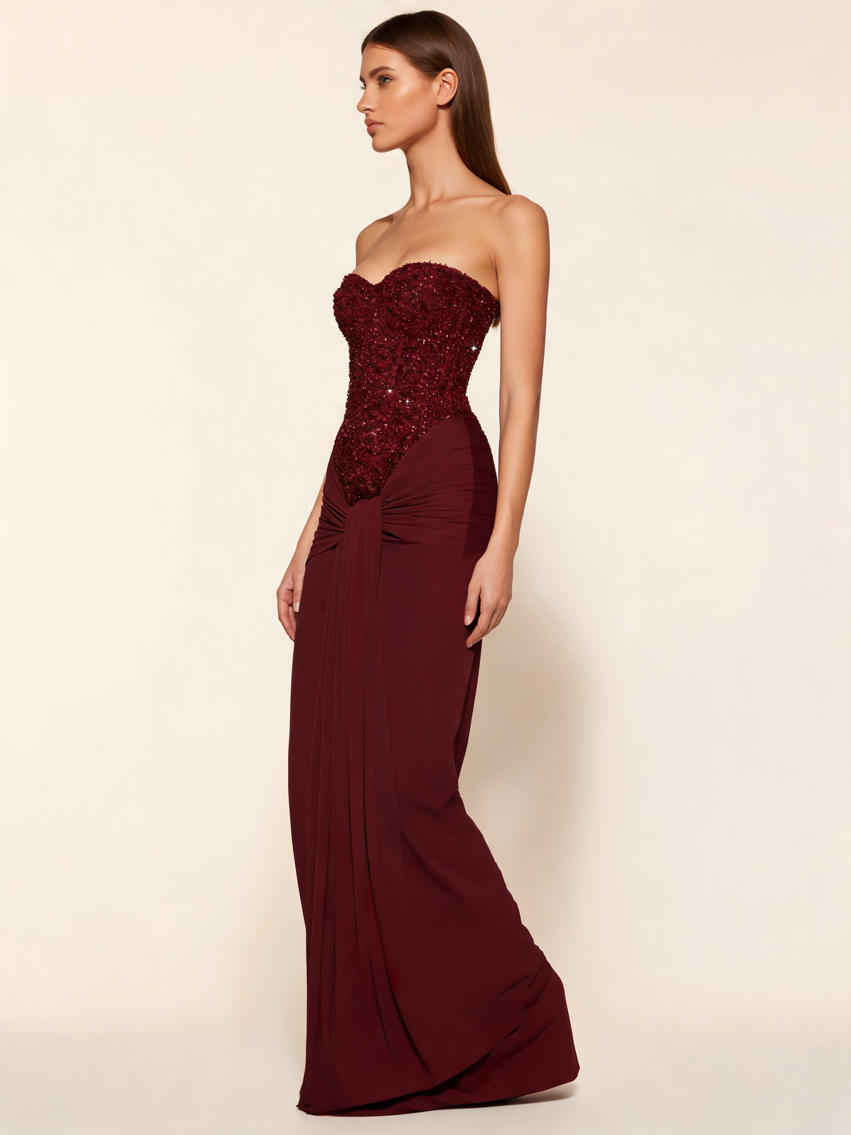 Burgundy party dress side view