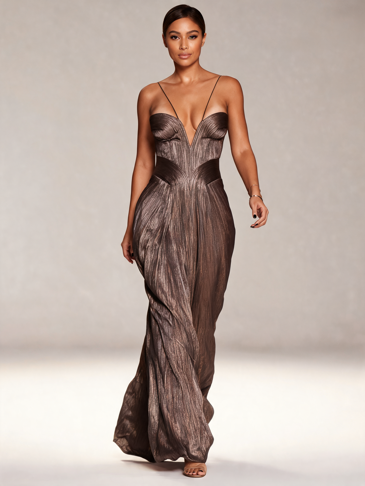 Bronze party dress walking view