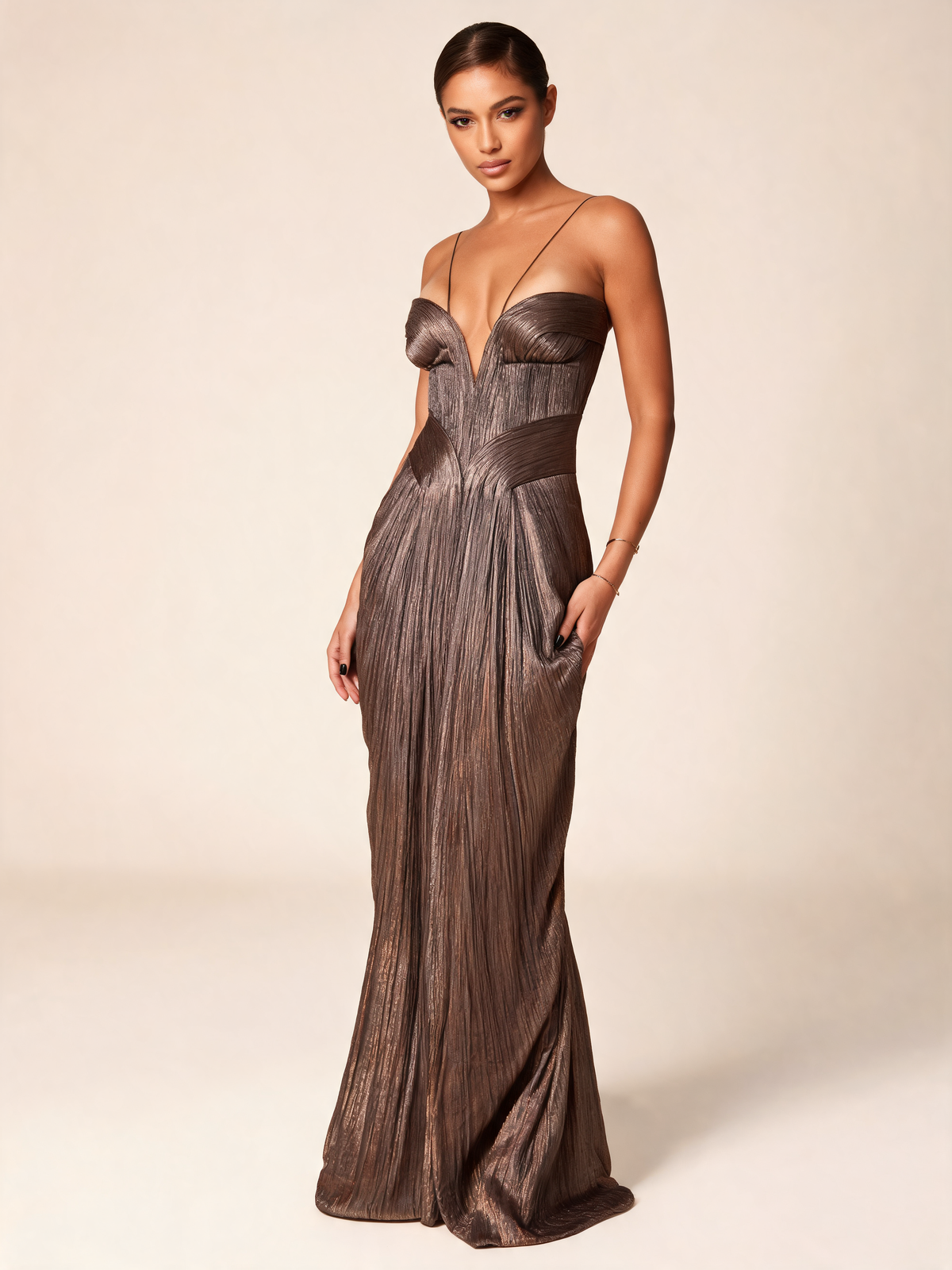Bronze party dress three-quarter view