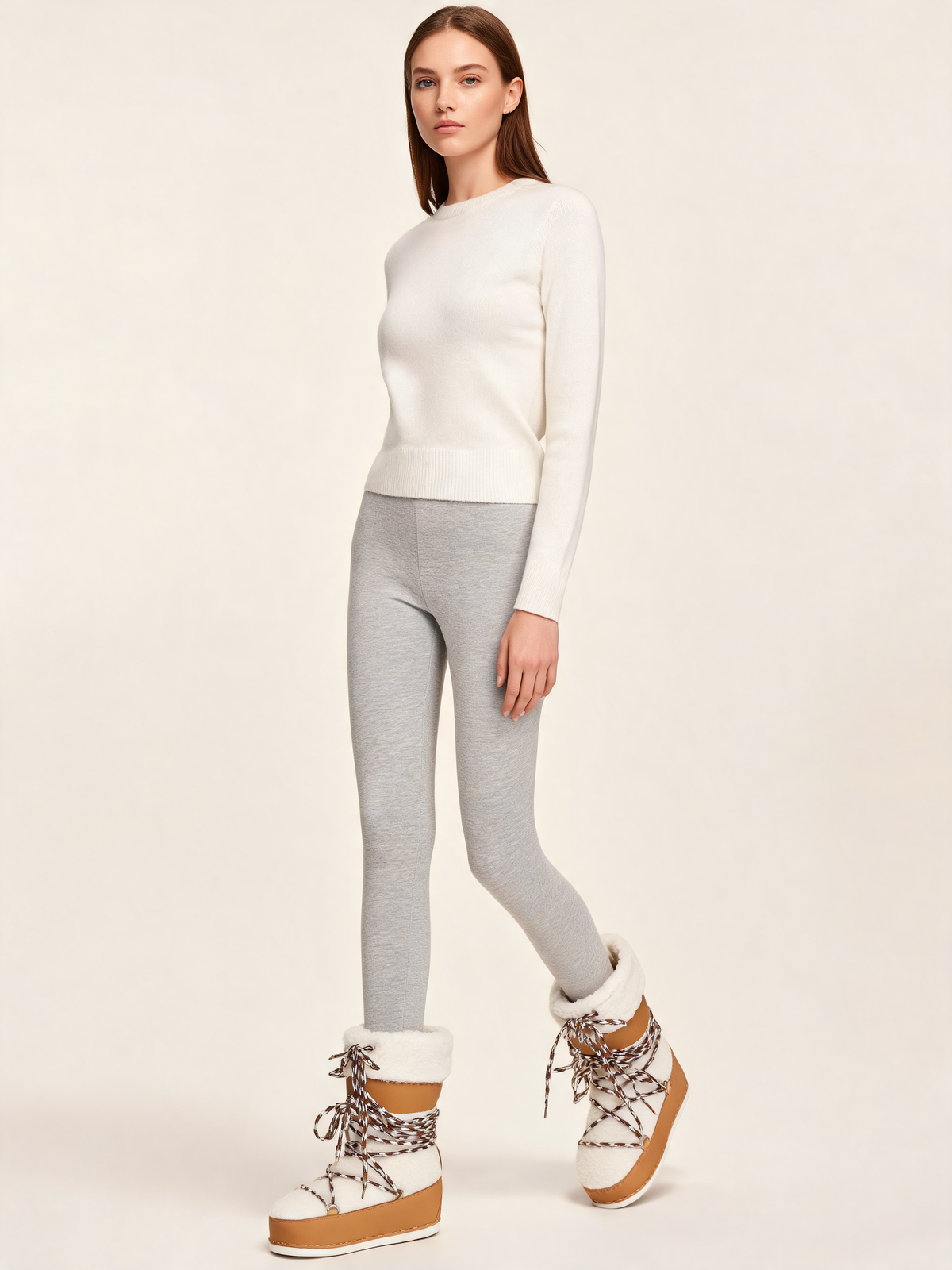 Cream and tan snow boots three-quarter view