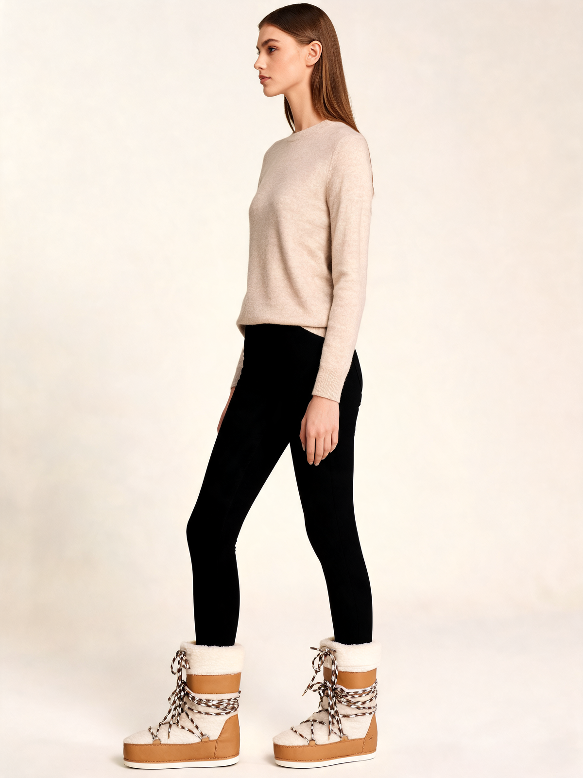 Cream and tan snow boots side view