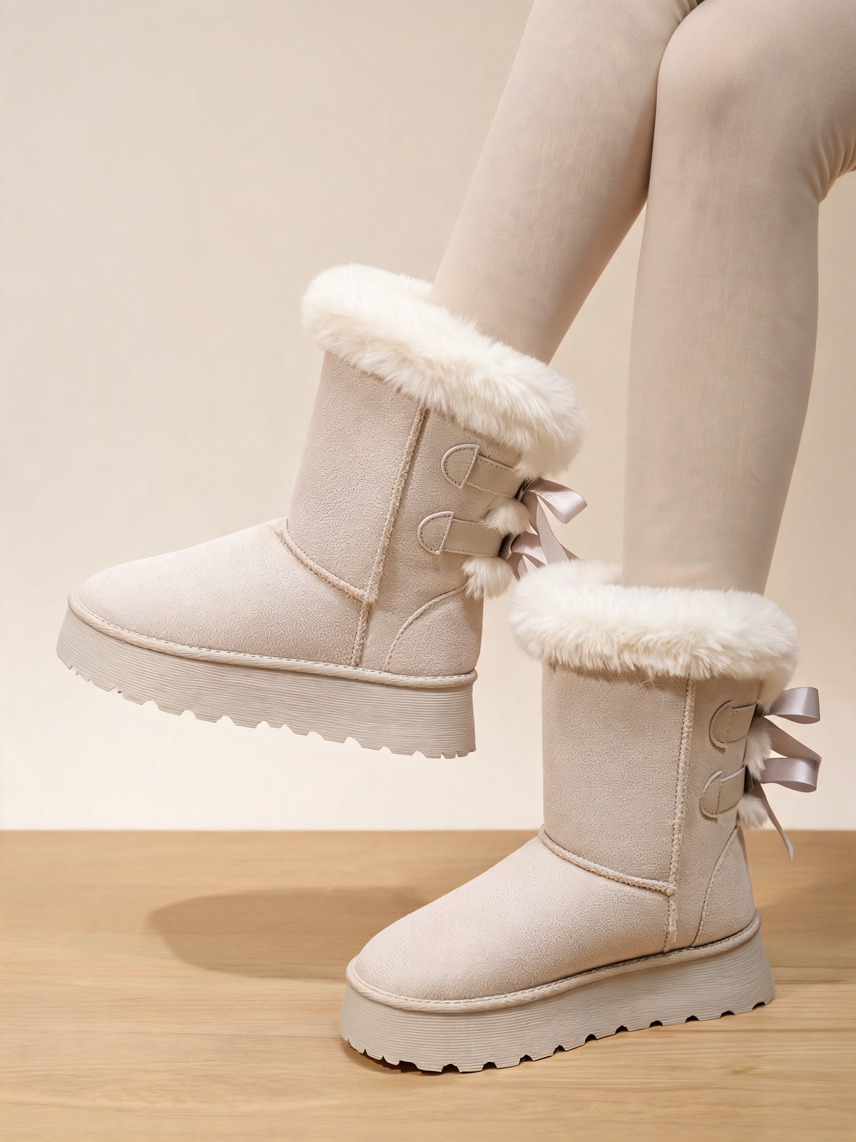 Cream snow boots bow detail close-up