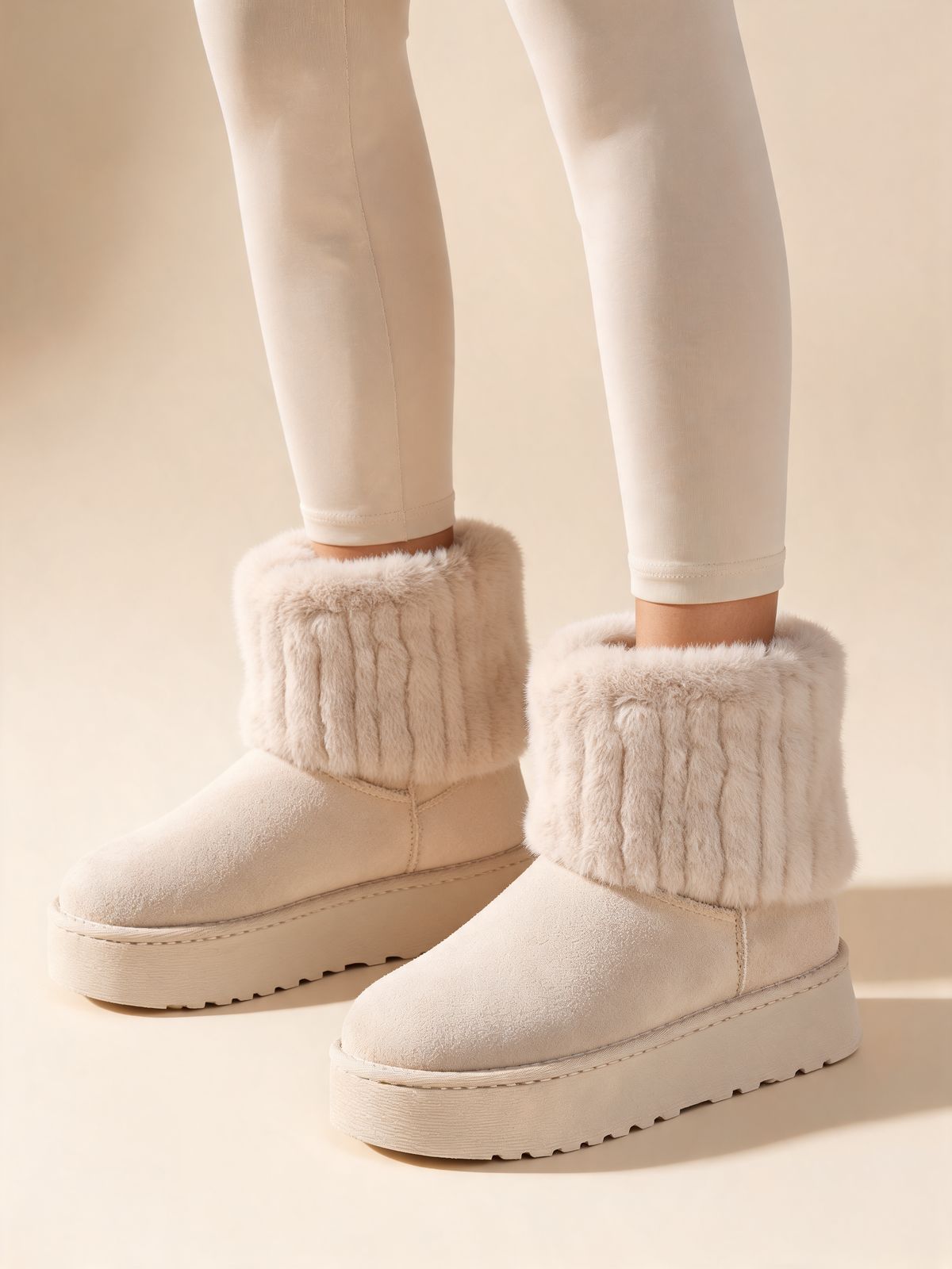 Cream snow boots faux fur cuff close-up