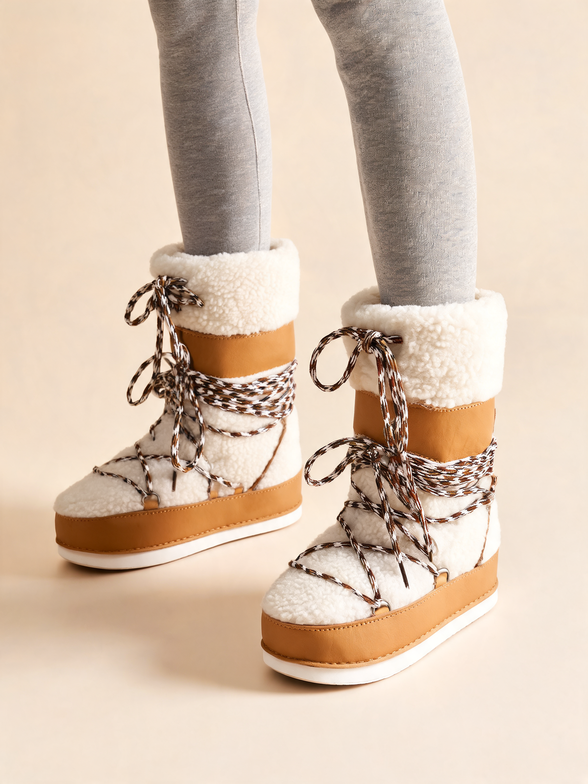 Cream and tan snow boots lace-up close-up