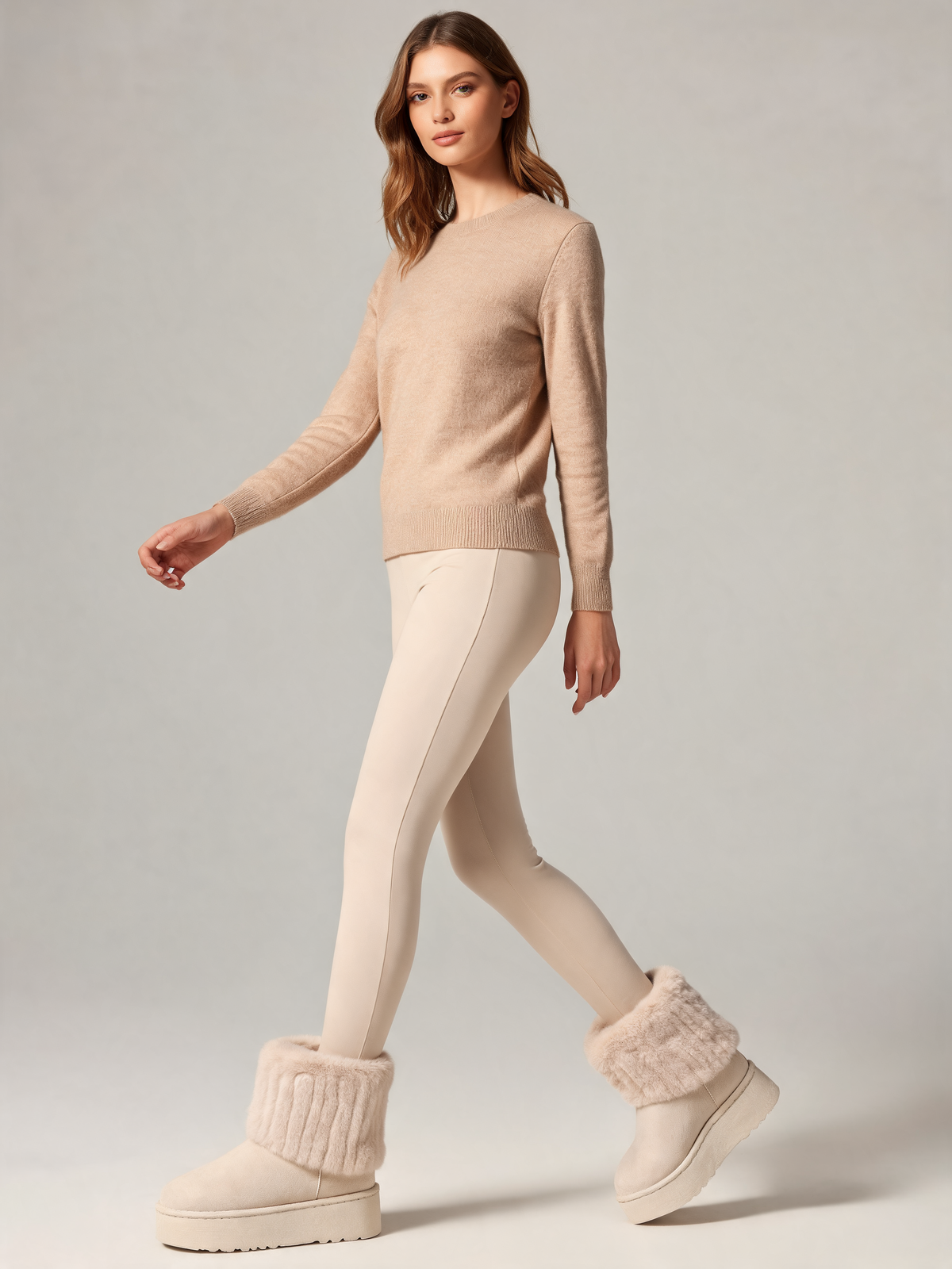 Cream snow boots walking view