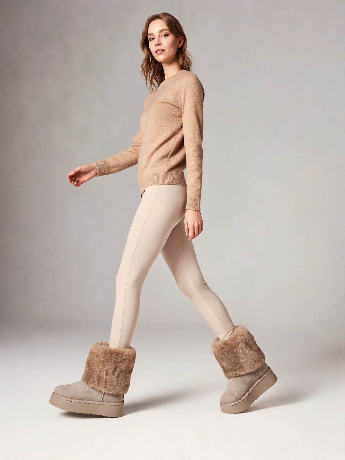 Taupe snow boots walking view