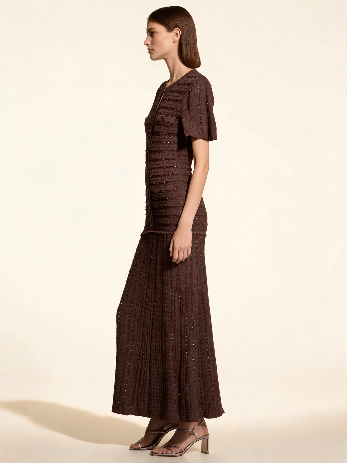 Brown knitted dress side view