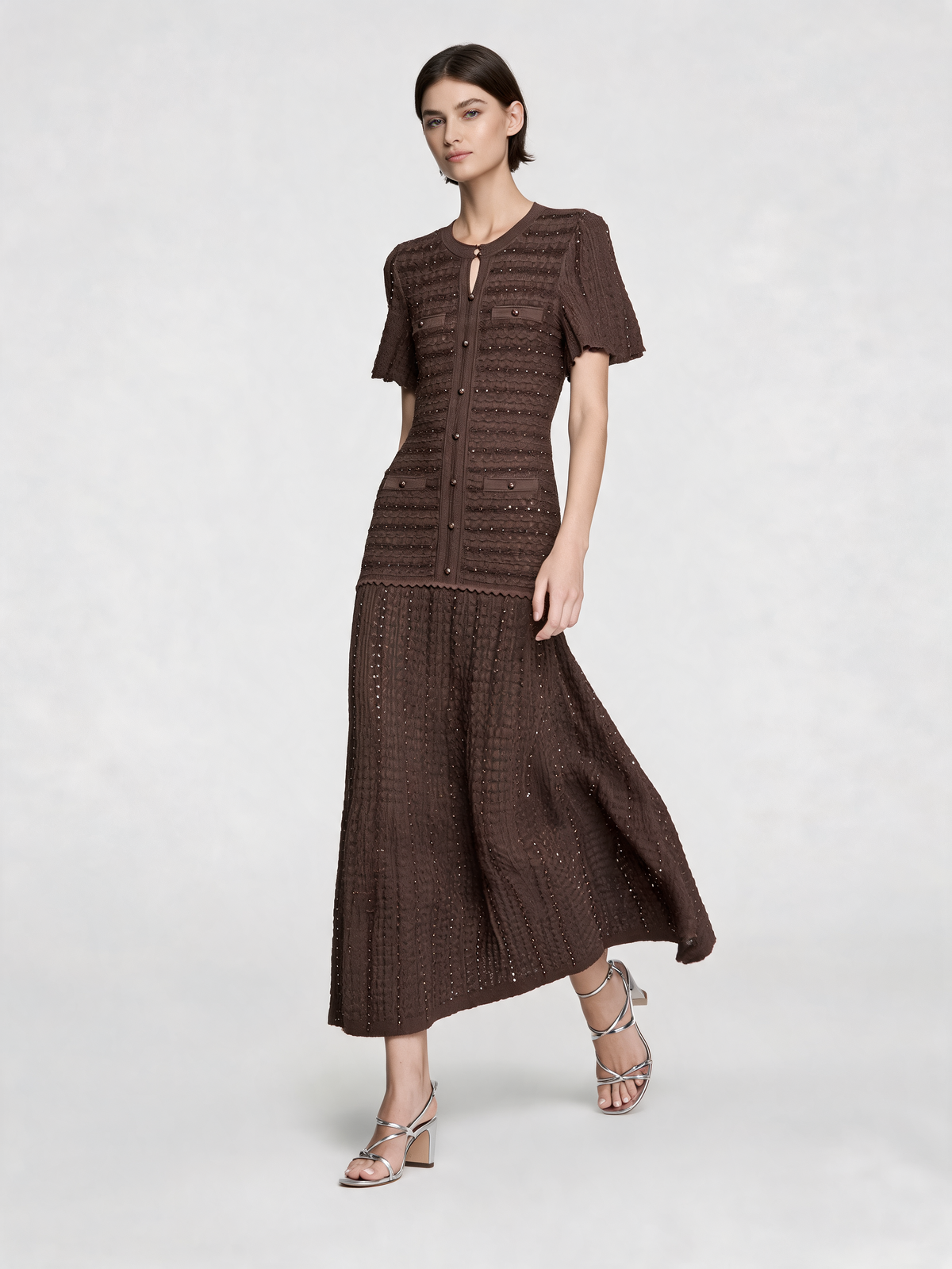 Brown knitted dress walking view