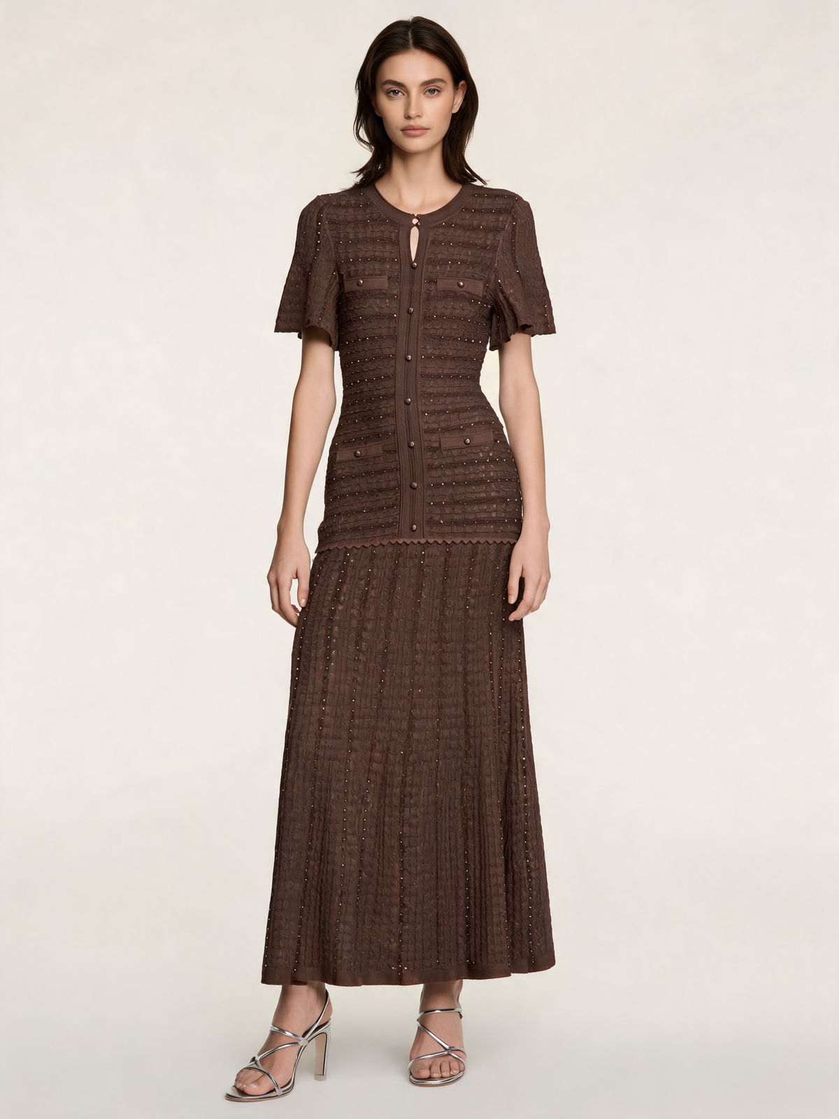 Brown knitted dress front view