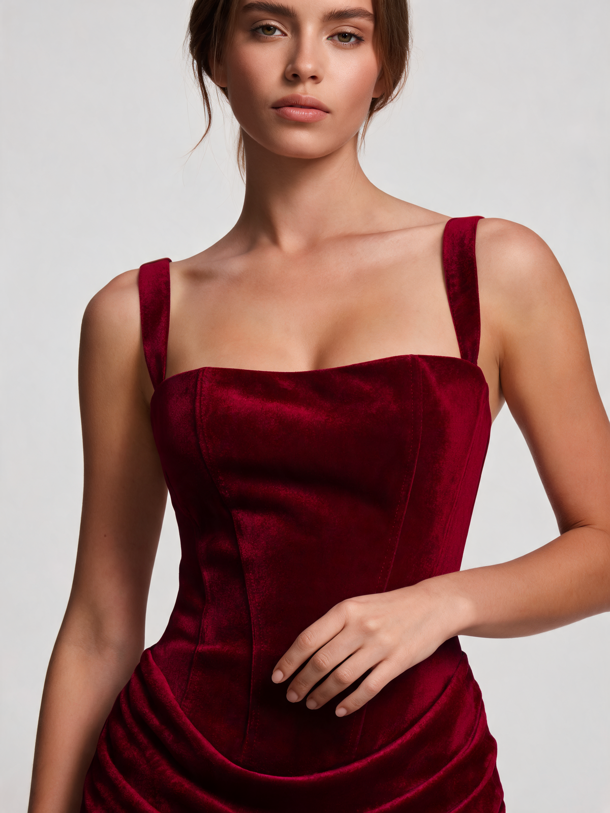 Red dress close-up of square neckline and corset bodice