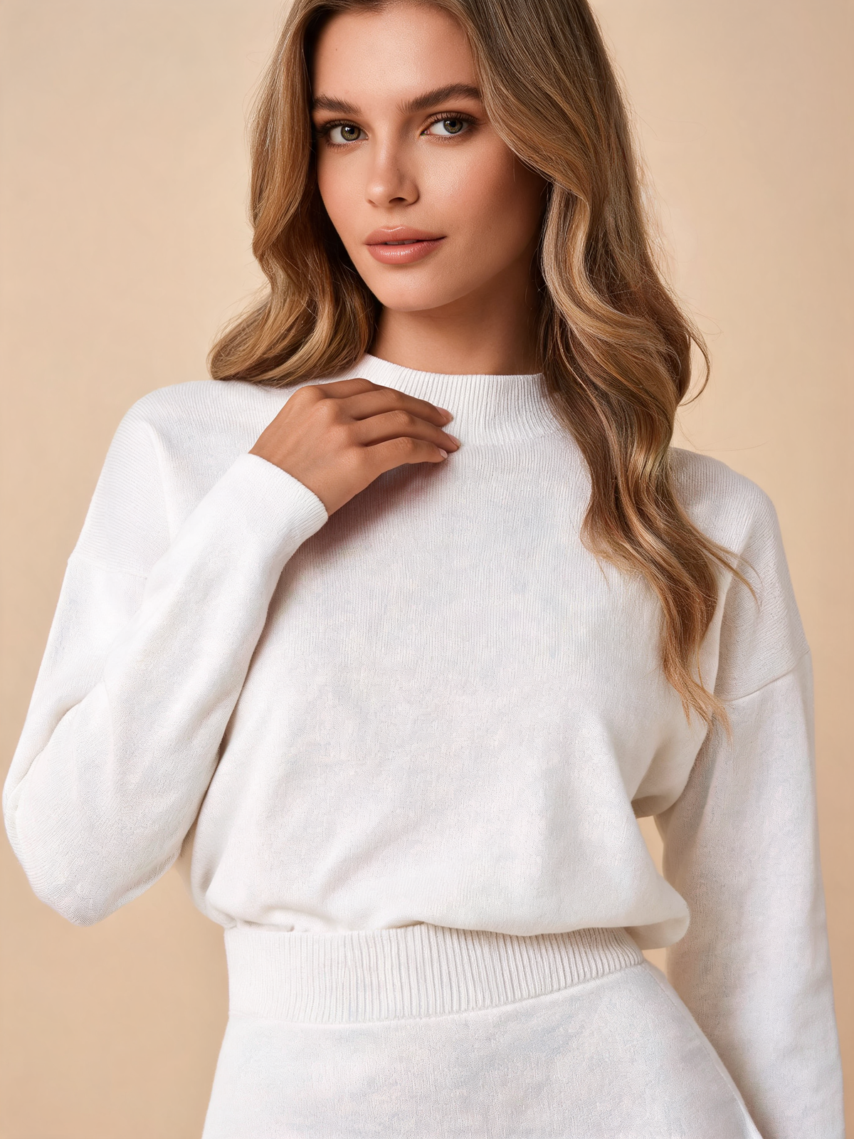 White jumper dress close-up of high neck and knit