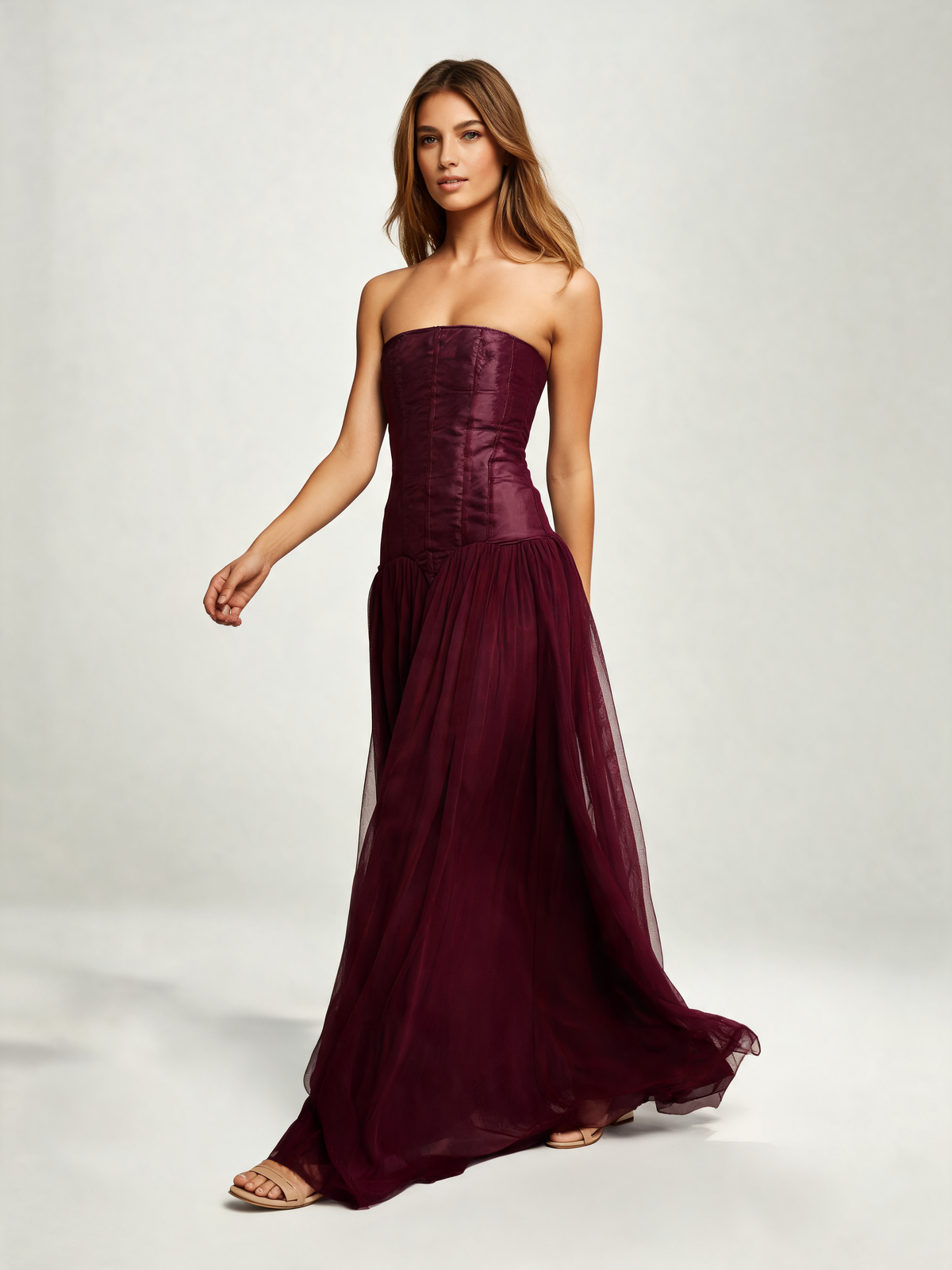 Burgundy dress walking view