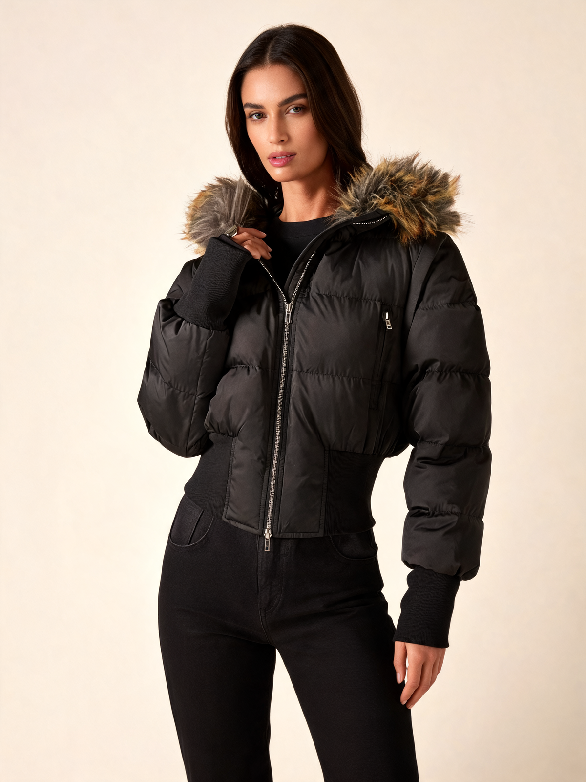 Black puffer jacket women three-quarter view