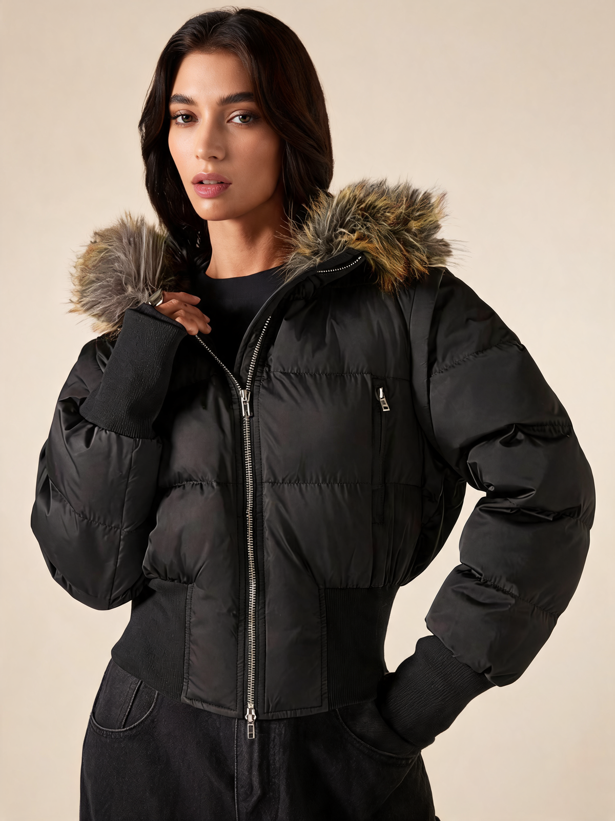 Black puffer jacket women close-up of faux fur hood