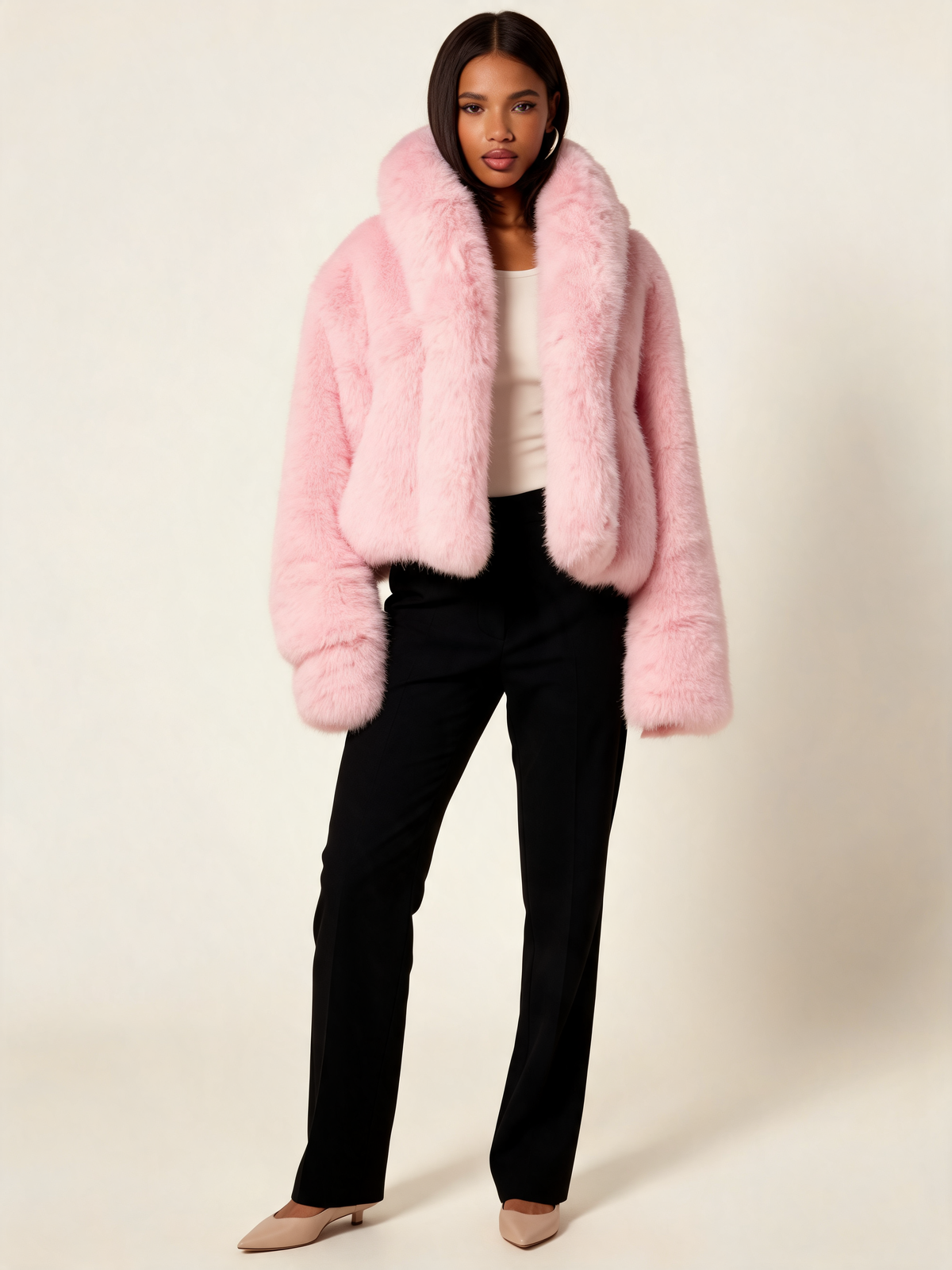 Pink faux fur jacket front view