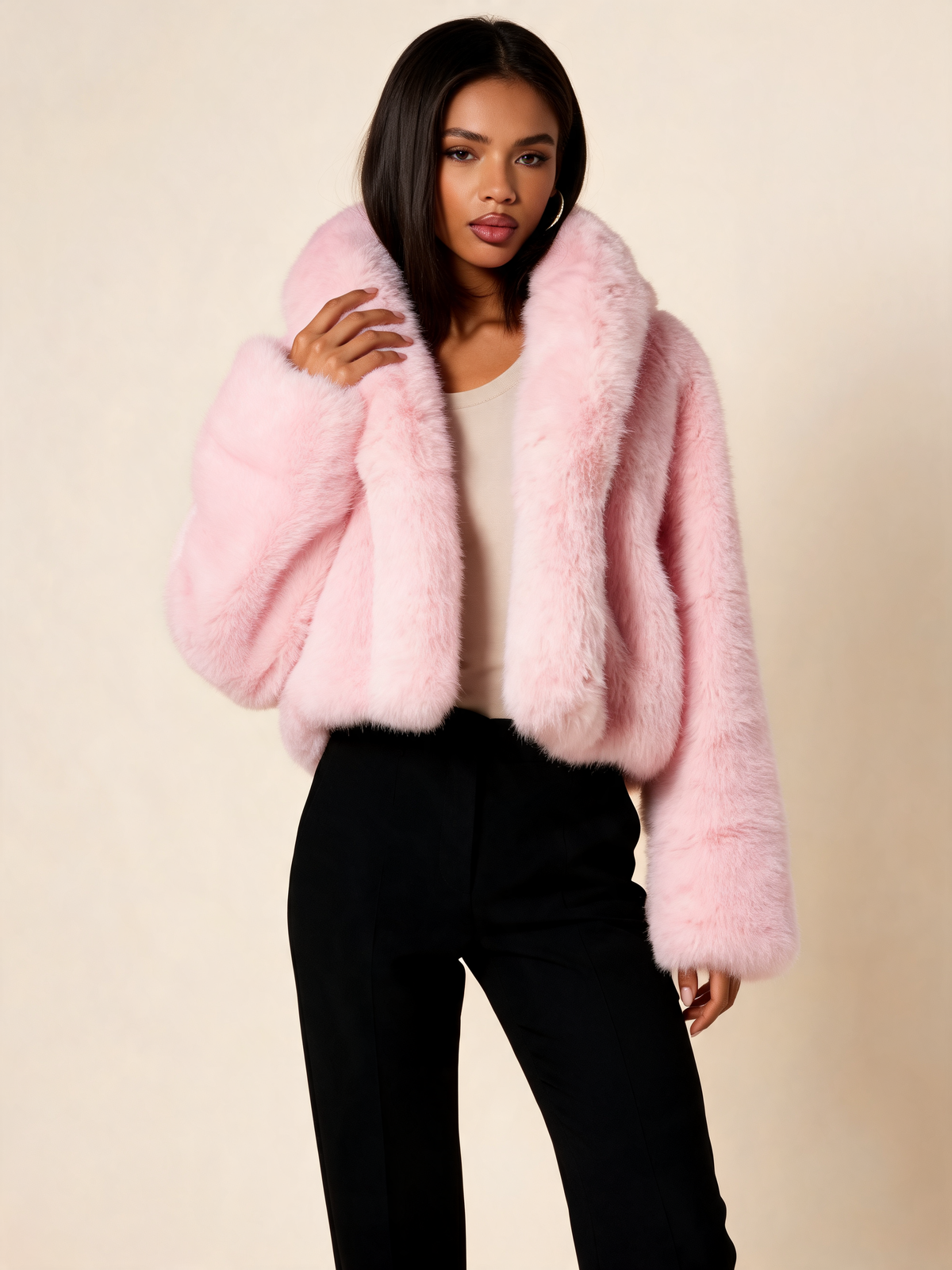 Pink faux fur jacket three-quarter view