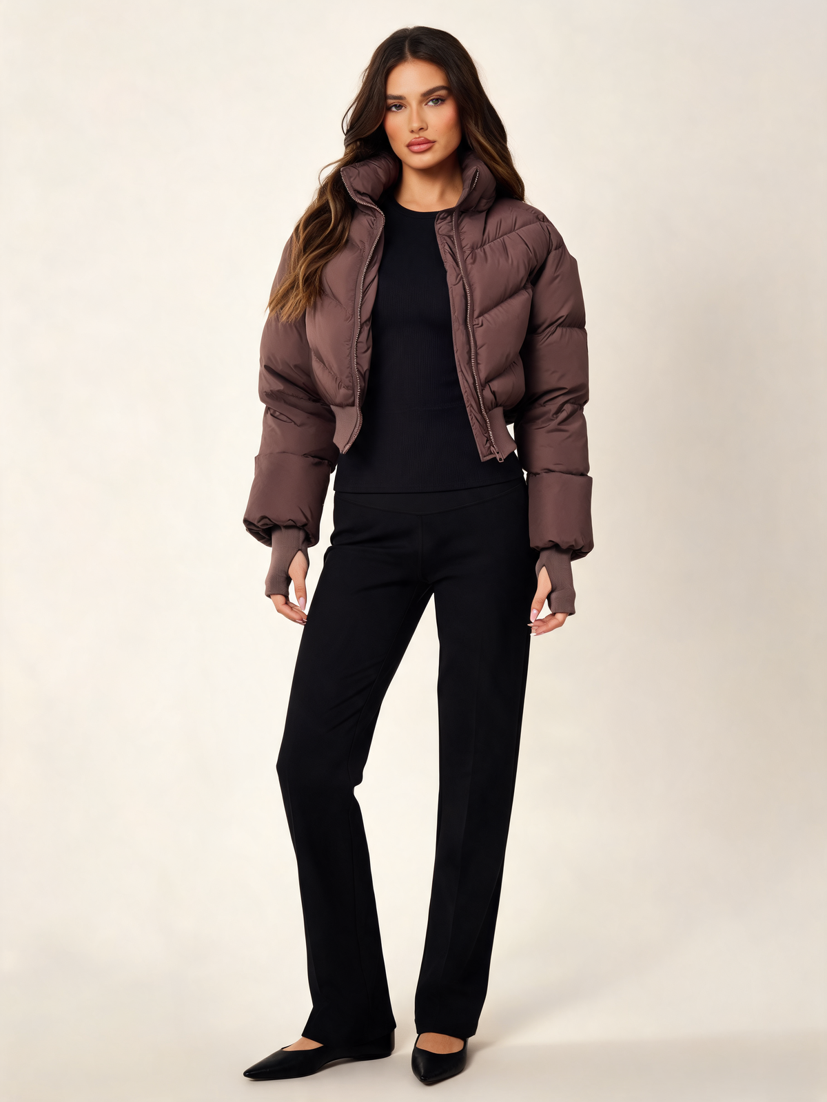 Chocolate brown puffer jacket women front view