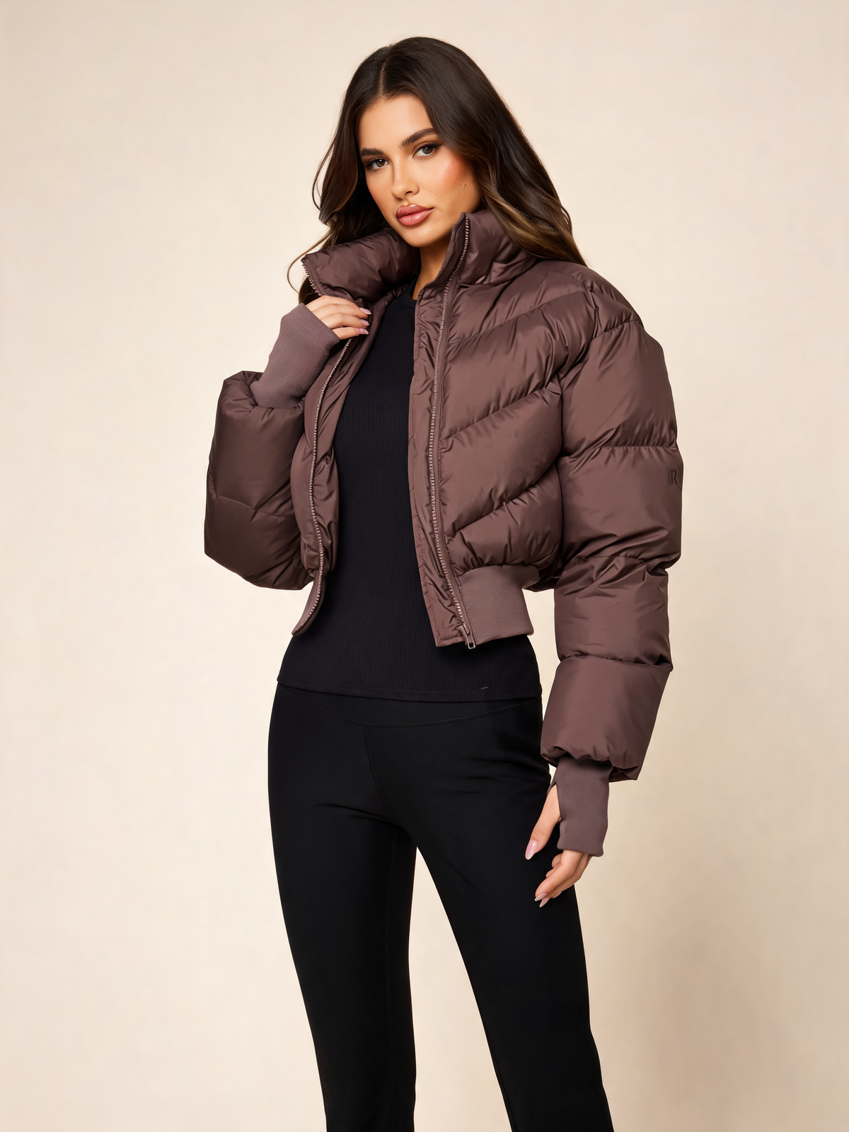 Chocolate brown puffer jacket women three-quarter view