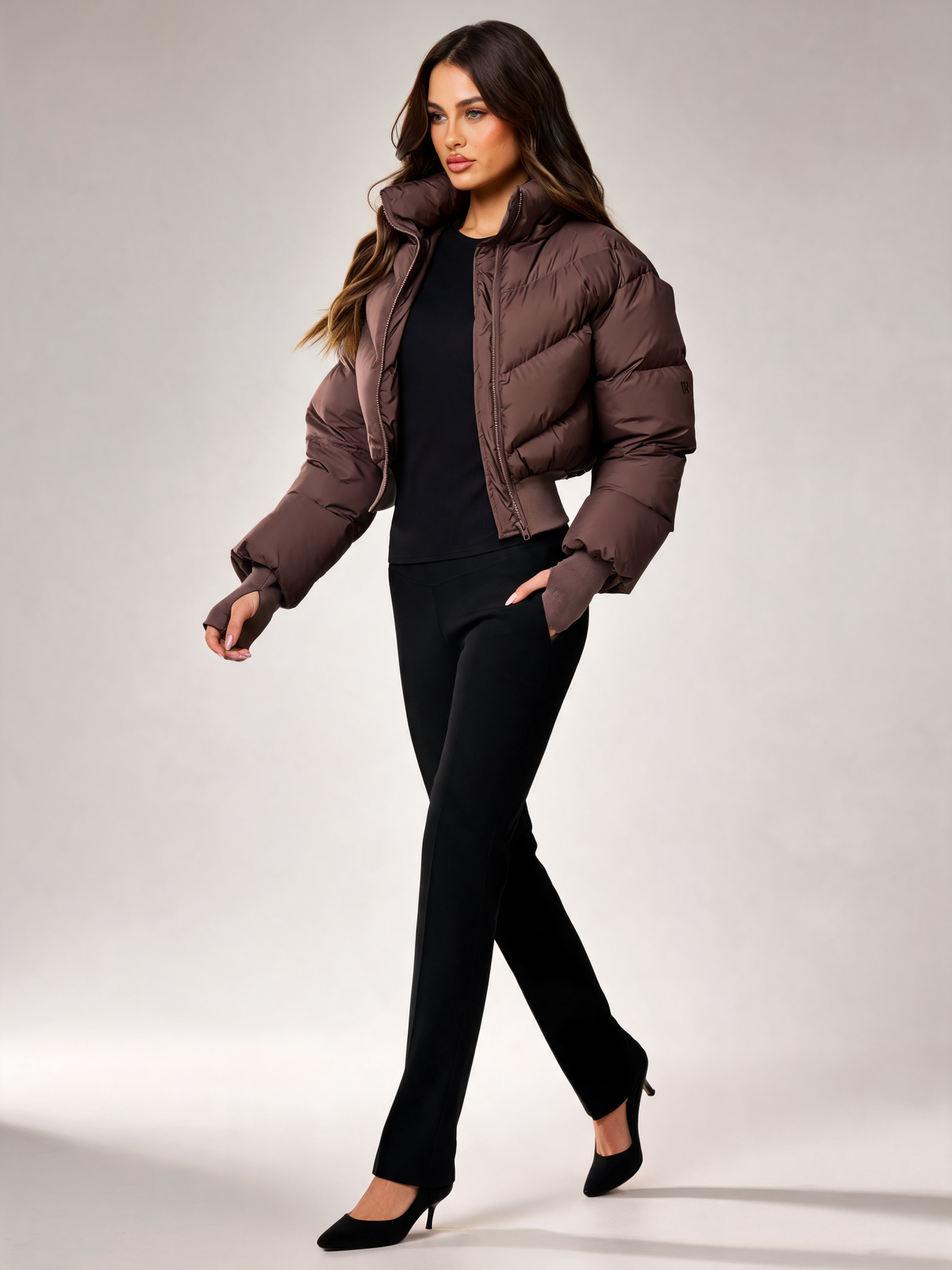 Chocolate brown puffer jacket women walking view
