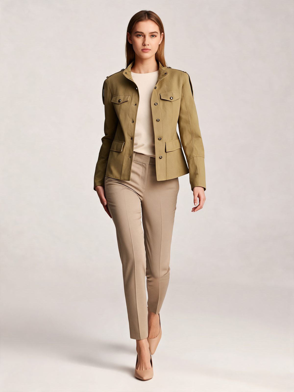 Khaki women's jacket walking view
