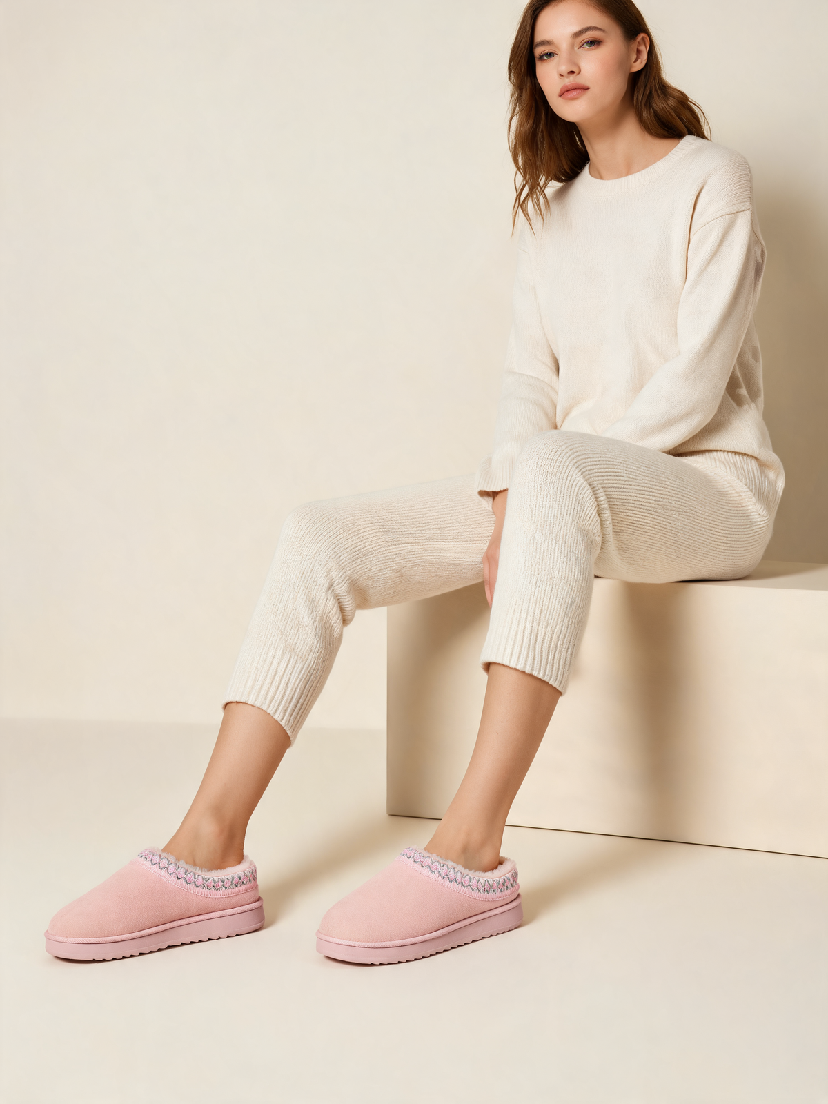 Pink women's slippers seated view