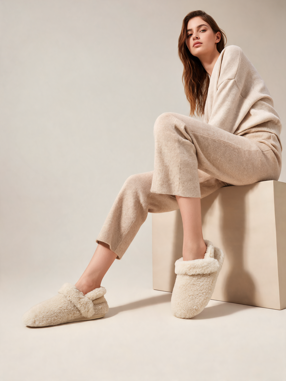 Cream women's slippers seated view